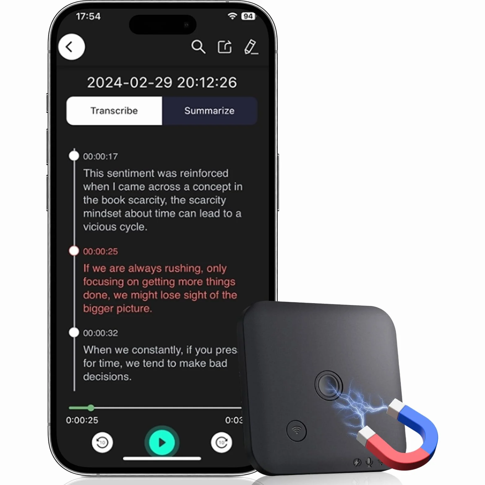 Grabadora de Voz IA 64GB con ChatGPT 4o Transcripción y Resumen 102 Idiomas Magnética Mini
