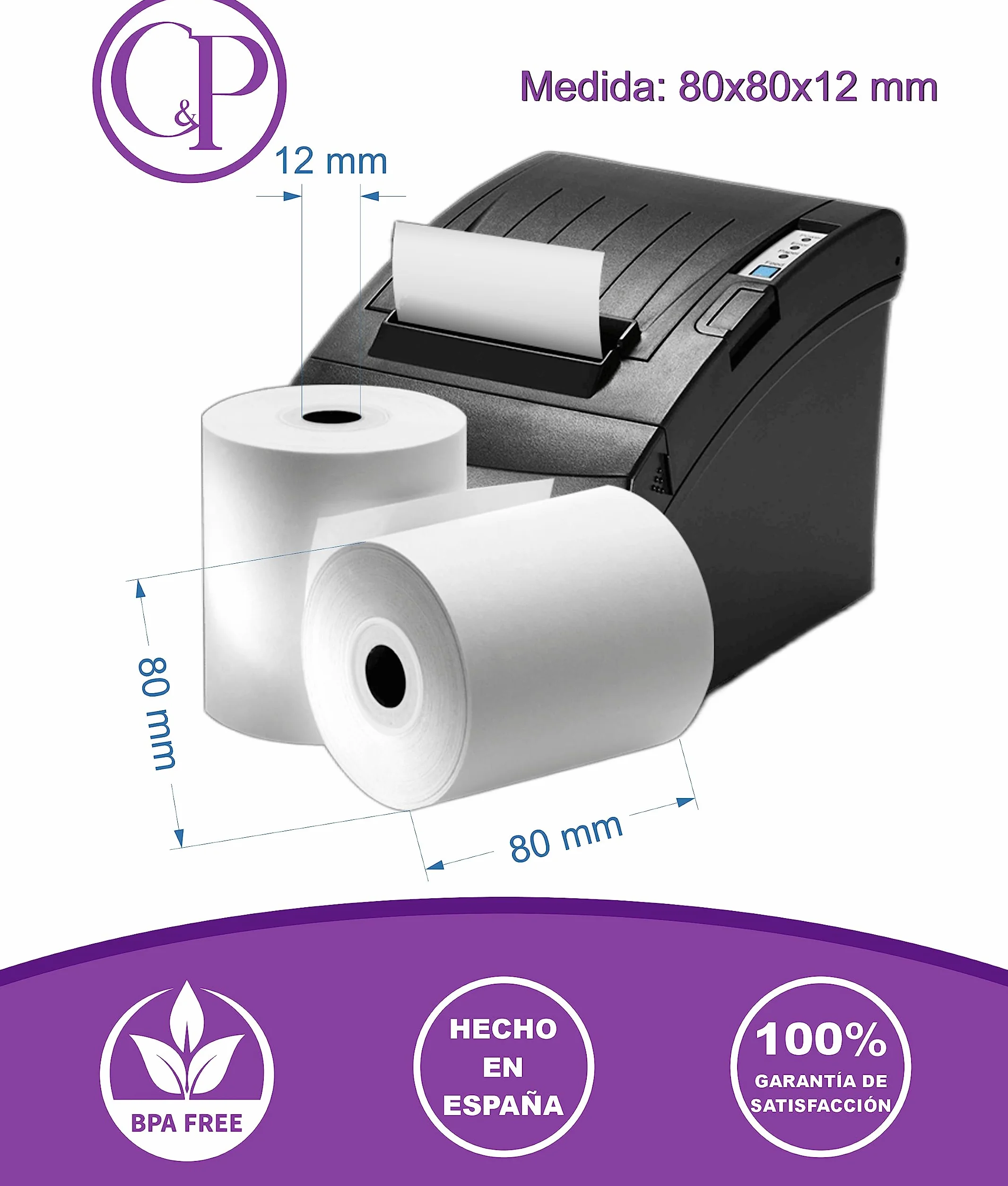 C&P Rollos Papel Térmico 80x80x12 mm para Sumadora Impresora TPV, Sin Bisphenol A (8 unidades)