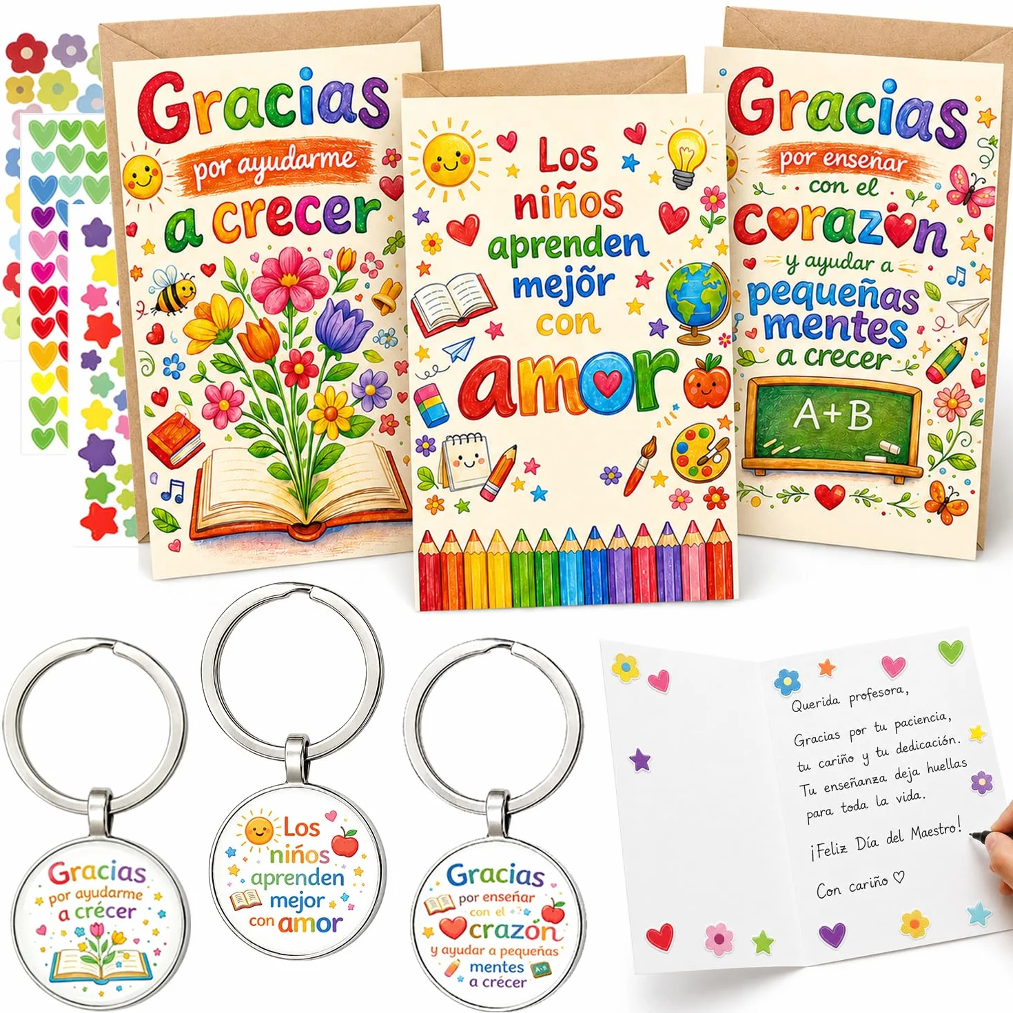 Set de 3 Llaveros con Tarjetas de Agradecimiento para Profesores, Regalo Original Fin de Curso