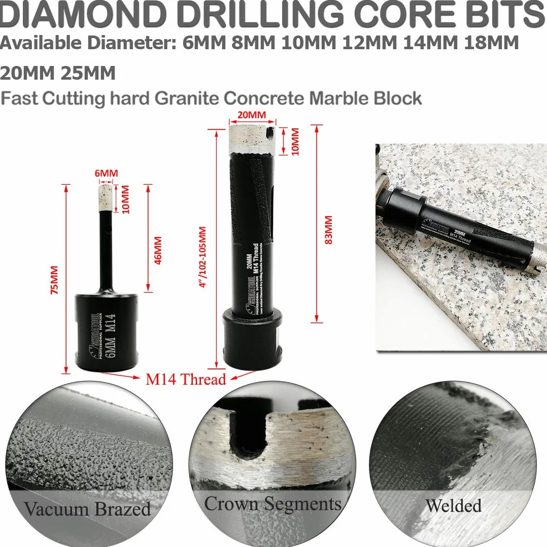 SHDIATOOL Broca de Diamante 2 Piezas 14mm Soldadura para Perforación Húmeda Granito Duro Mármol Hormigón Piedra Rosca M14