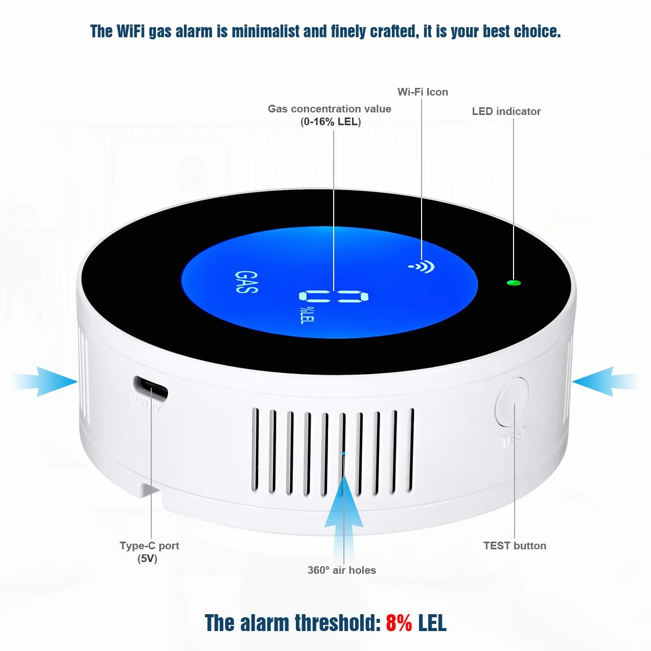 Detectores de Gas natural con WiFi, alarma portátil de fugas de gas compatible con aplicación inteligente, Tuya, sensor de gas metano con alarma de voz de 85 dB y alarma visual de concentración de gas