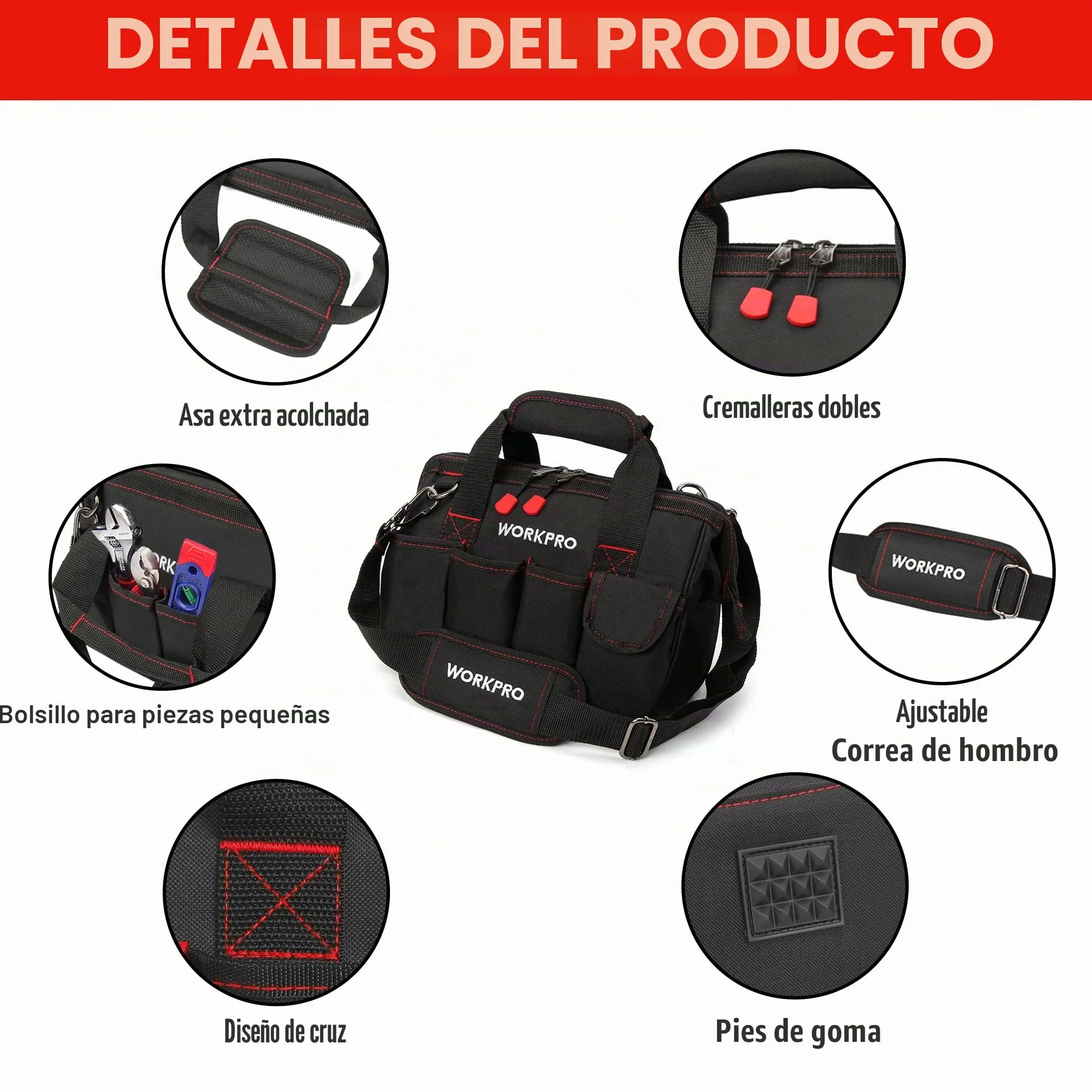 WORKPRO Bolsa de Herramientas 30 x 18 x 20 cm, Bolsa de Transportse Universal, 7 Bolsillos Exteriores, Amplia Apertura de Cremallera, Correa de Hombro Ajustable, para Almacenamiento de Herramientas
