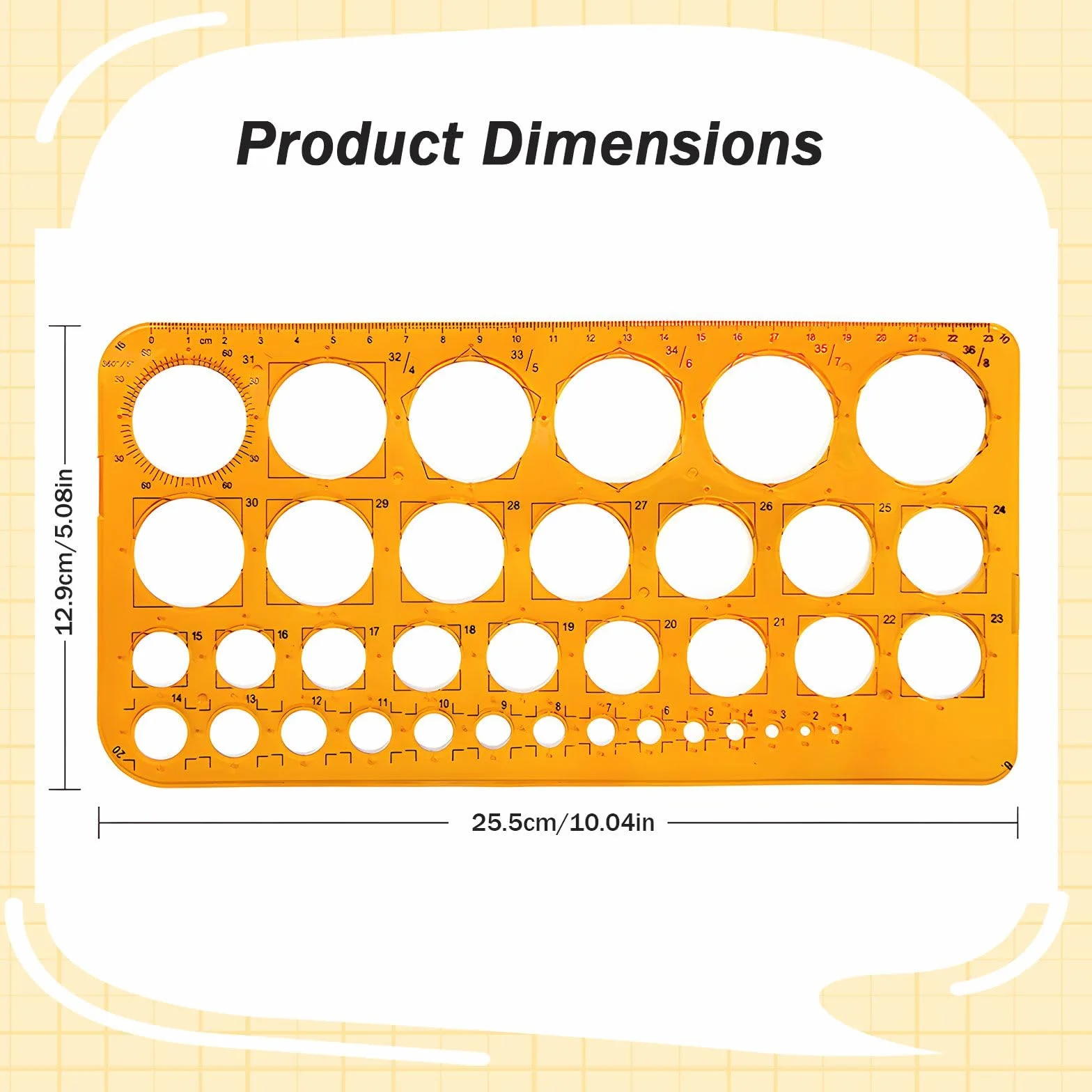 Plantilla de dibujo de 36 círculos, plástico resistente, naranja transparente para dibujo técnico