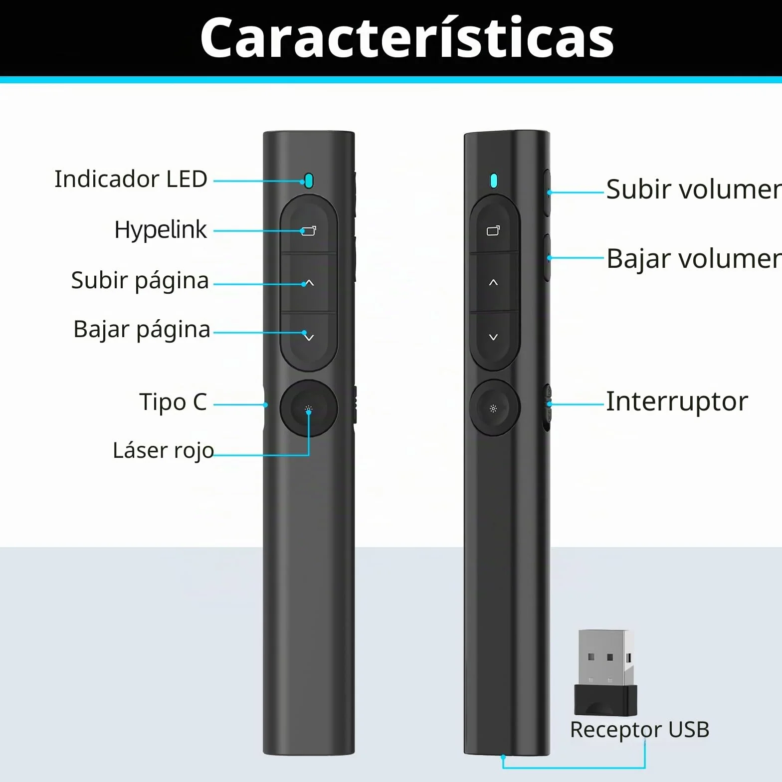 elzle Presentador Inalámbrico para PowerPoint, Control Remoto con de Hipervínculo y Regulador de Volumen, Compatible con Mac, PC y Portátiles, para Reuniones y Conferencias - Negro