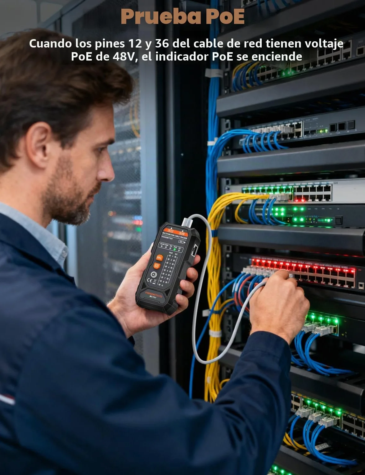 MCT01 POROMETISTO Comprobador de Cables de Red y Ethernet | All-in-One para RJ45/RJ11, Prueba POE, NCV, Linterna, Alarma Sonora, Verificación de Continuidad y Control de Crimpado