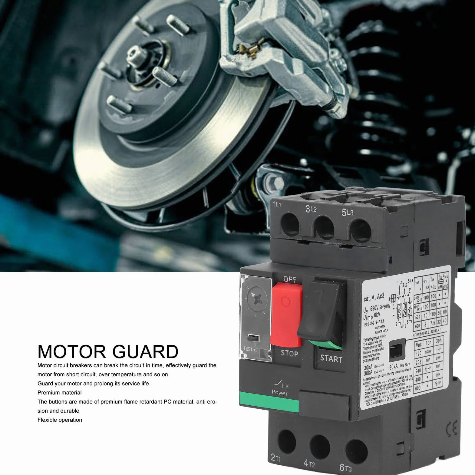 Disyuntor de Motor de 2,5 A 4 A, Interruptor Protector de Circuito con Control de Botón, Montaje en Riel de 35 Mm, para Cargas Resistivas, Capacitivas e Inductivas