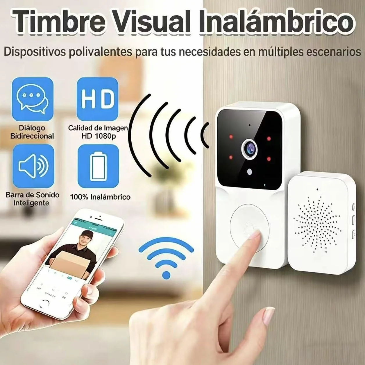 Timbre Inalámbrico Exterior con Cámara HD 1080P - Videoportero WiFi Visión Nocturna Audio Bidireccional