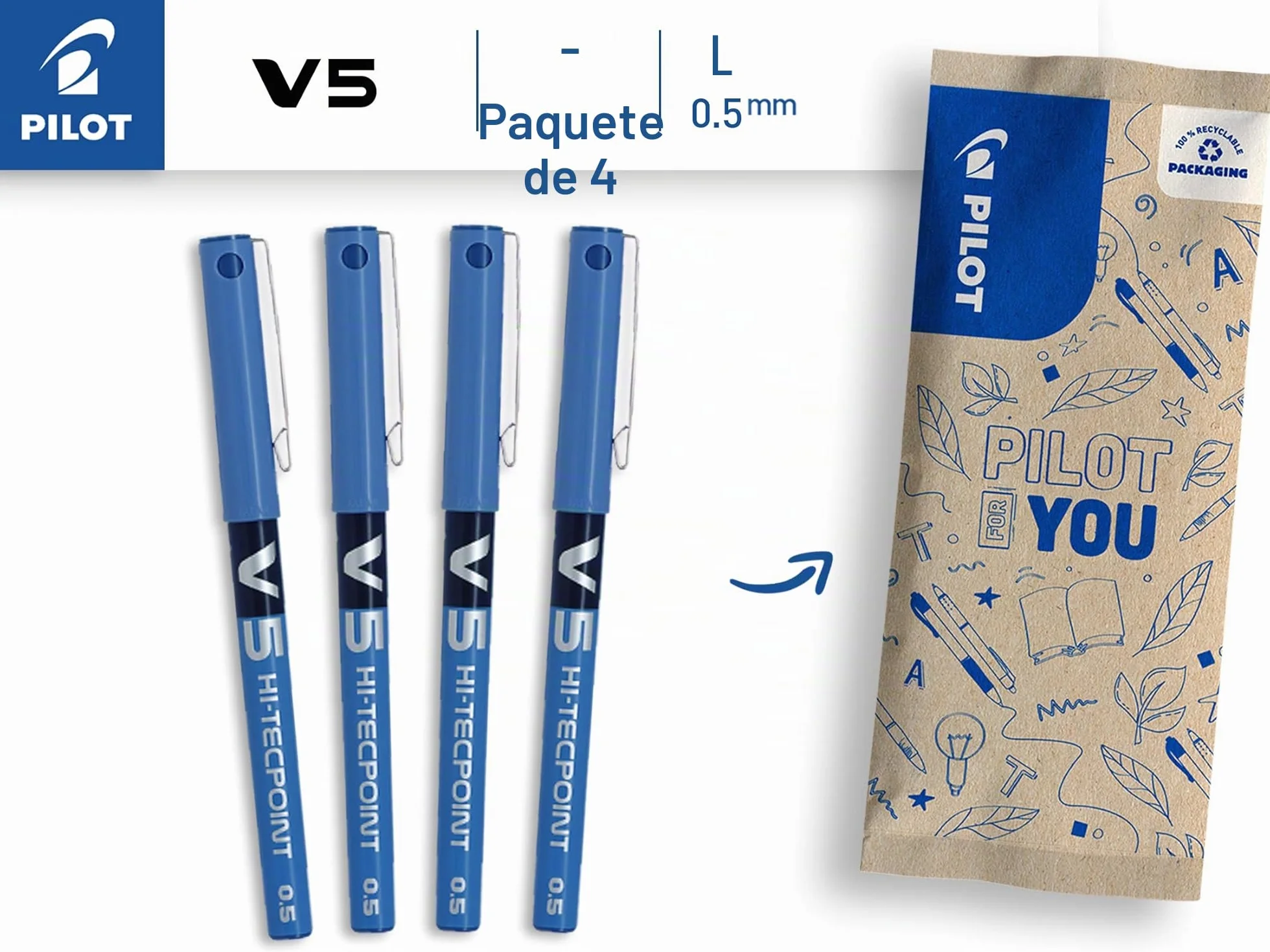 PILOT Caja de 4 V5 Bolígrafos Roller Tinta Líquida Punta de Aguja Fina 0,5mm Azul