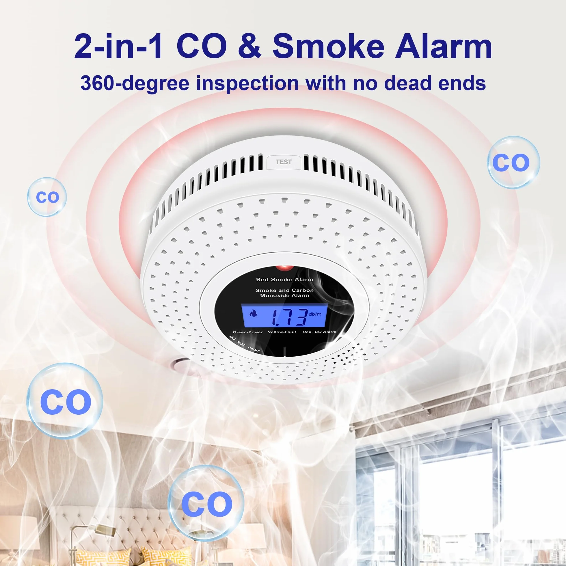 Detector Combinado de Humo y CO, Detector de Humo de Monóxido de Carbono Independiente, Alarma de Humo con Batería AA Reemplazable, Alarma de Humo y CO, Botón de Prueba, 1 Pieza