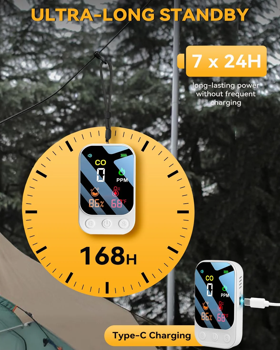 3 en 1 Detector Monóxido de Carbono Alarma De Monóxido Co Portable Carbon Monoxide Detector con Temperatura Humedad Alarma Audible y Visual para Viajes en Casa Camping Autocaravana