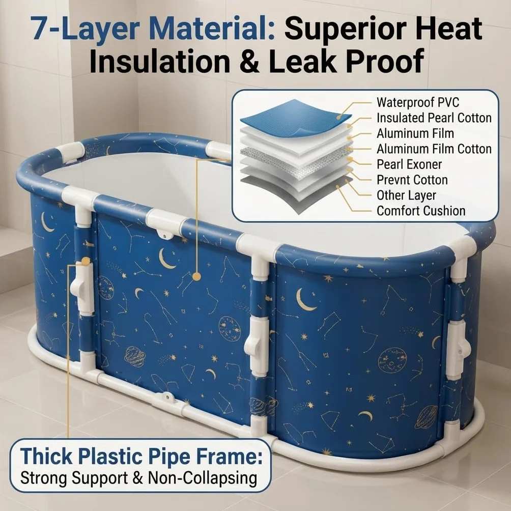 Bañera plegable, 119,9 x 59,9 x 50 cm, bañera portátil compuesta de material de 7 capas, ducha y baño de hielo, portátil, no inflable