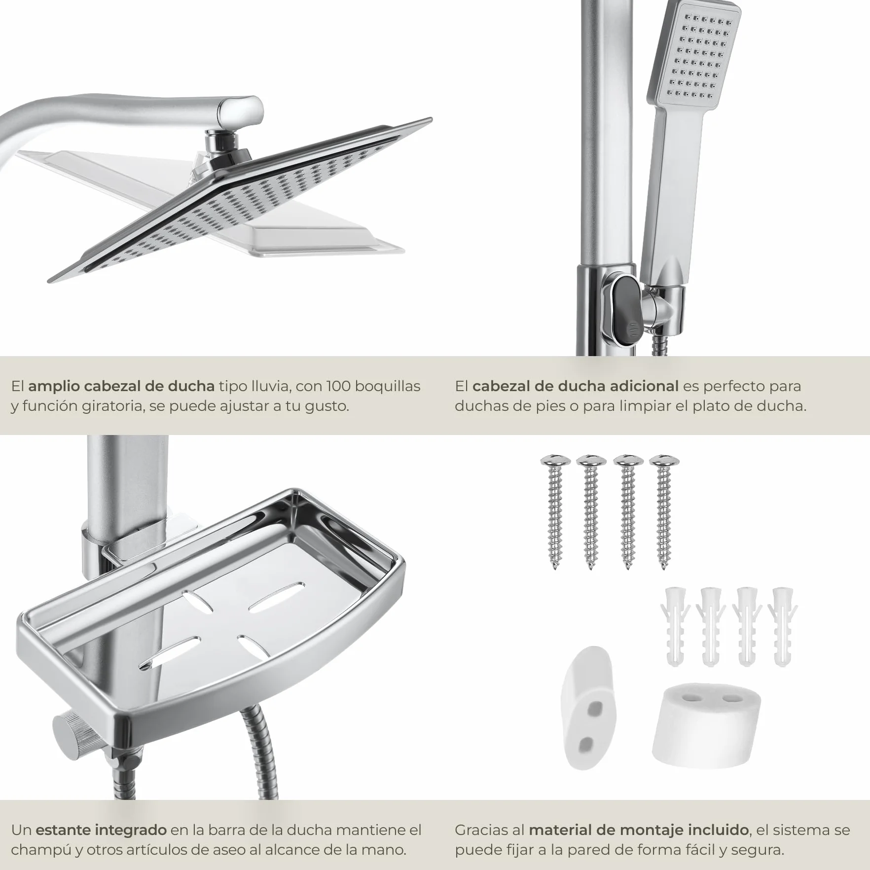 tectake® Conjunto de Ducha con Rociador de Hidromasaje de Aluminio con Grifo Ducha, Duchas de Baño con Alcachofa con Junta Esférica, Bandeja y Barra Regulable, Columna Hidromasaje - Gris