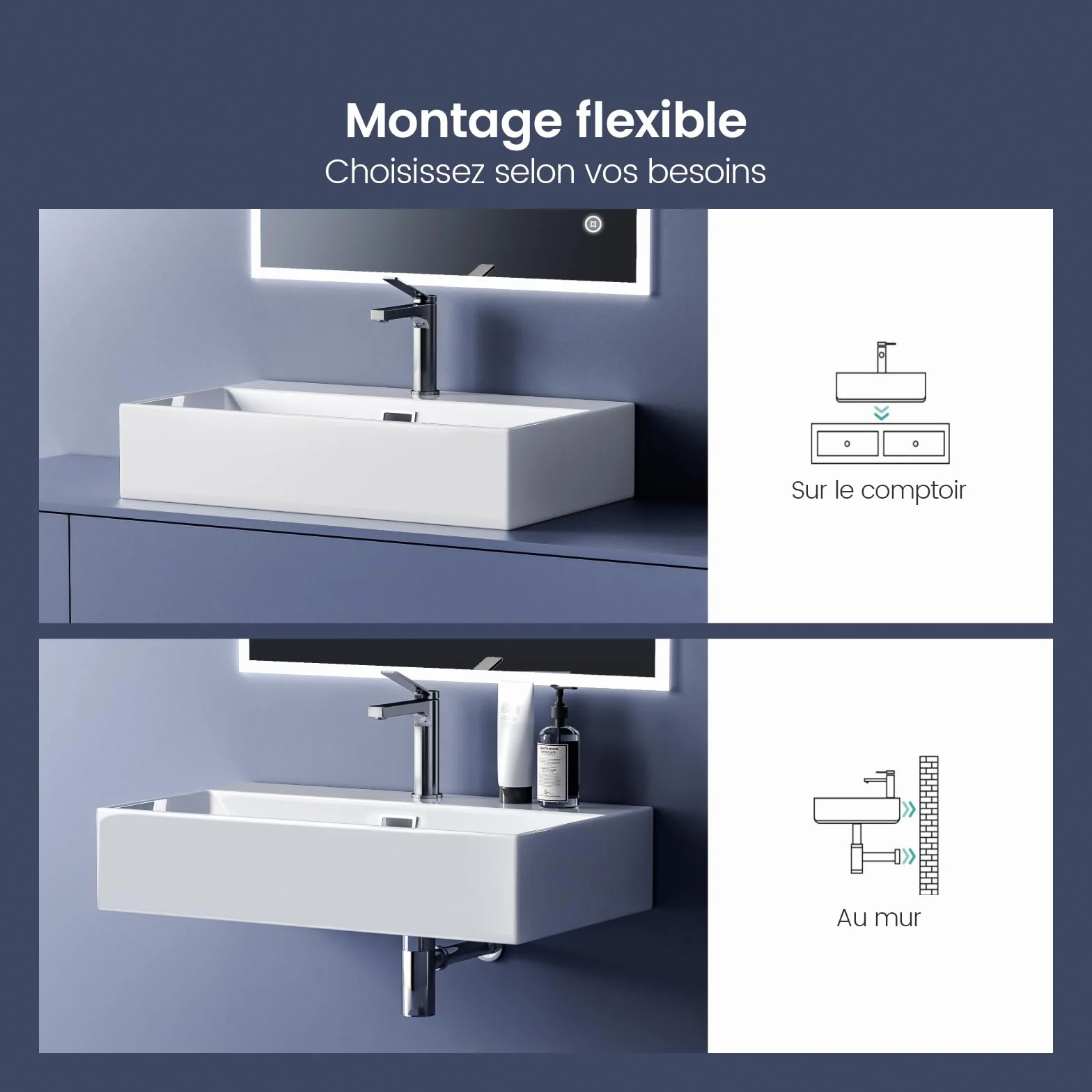 EMKE Lavabo de diseño moderno, lavabo colgante de cerámica de alta calidad con borde fino, lavabo para cuarto de baño y WC invitados, 415 x 360 x 130 mm, blanco, lavabo cuadrado, lavabo en plano