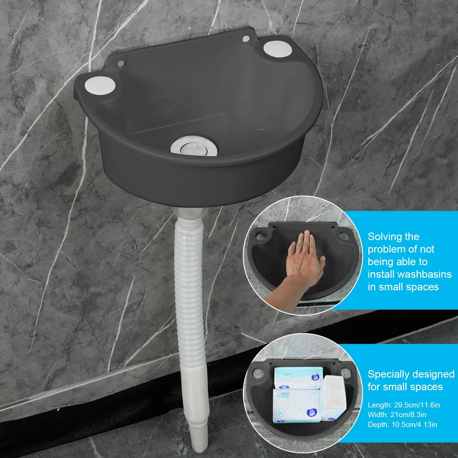 Fregadero de plástico simple con manguera y desagüe para garaje, sótano, taller, lavadero, cocina, fregadero exterior, lavabo de jardín (negro)