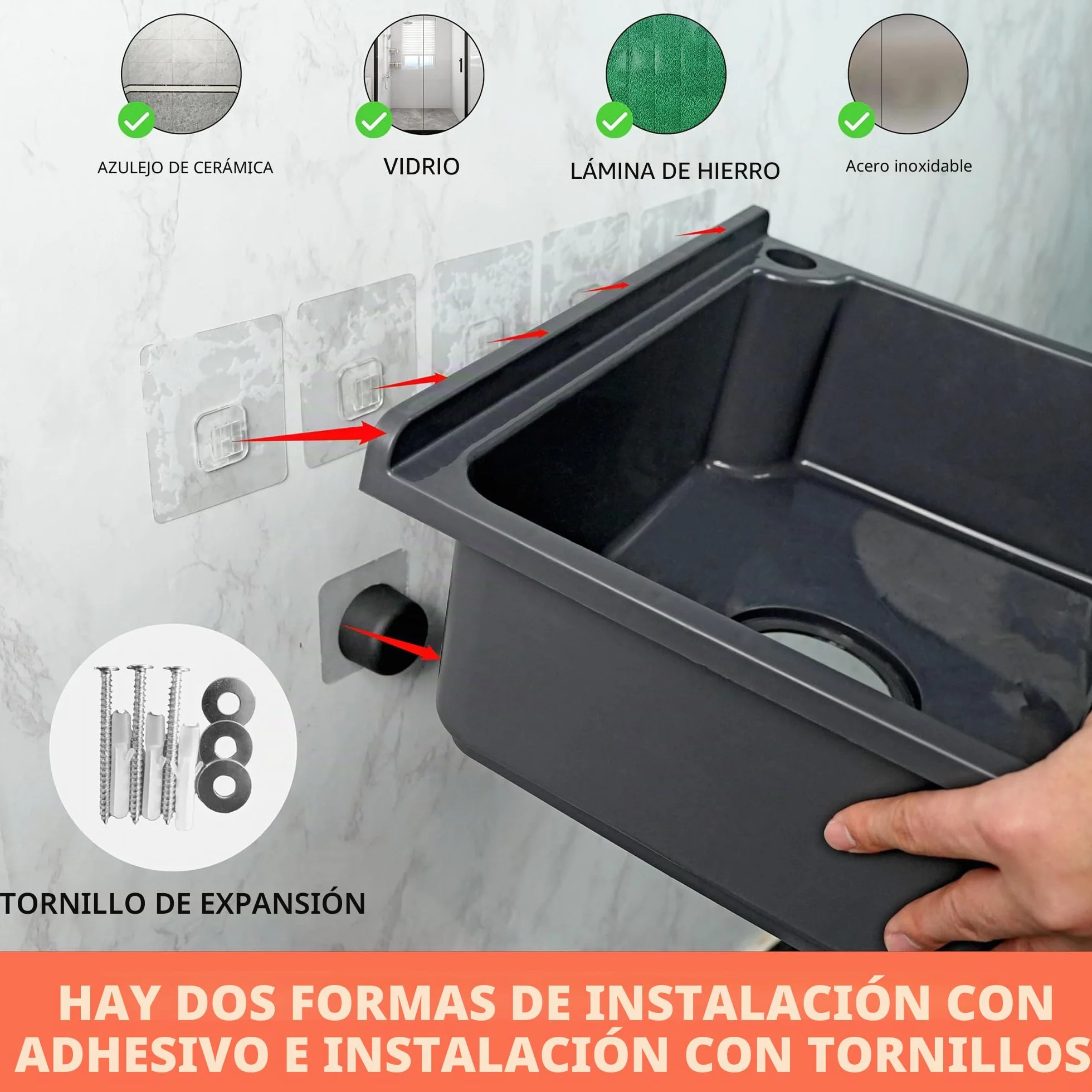 Fregadero independiente de un solo cuenco, fregadero de cocina montado en la pared, tina de lavandería de 16.9 x 12.8 pulgadas con agujero de grifo de 1.26 pulgadas, fregaderos de plástico para el