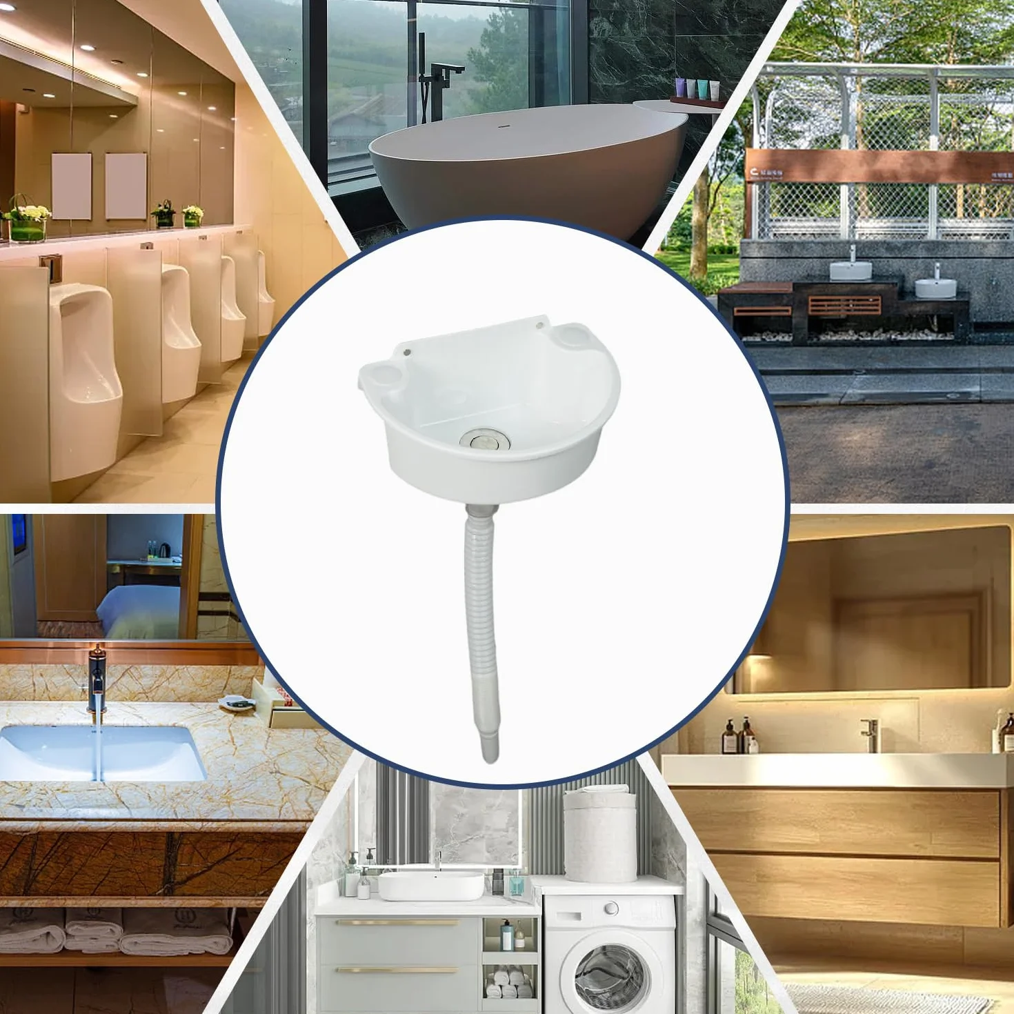 Fregadero de plástico, lavabo de camping con tubo de drenaje, paquete de tornillos, tacos y cubierta de orificios, fregadero semicircular curvado para inodoro, camping, caravanas, sótanos, jardines