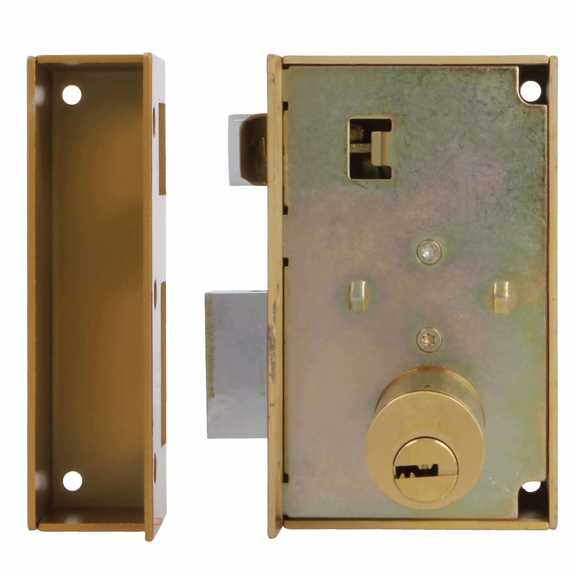 Amig - Cerradura de Sobreponer de Derecha con Palanca de Cierre - Lengüeta y Tirador para Puertas de Madera - Mod. 75, 67 x 112 mm - Cilindro Redondo de Seguridad - Acero - Dorado
