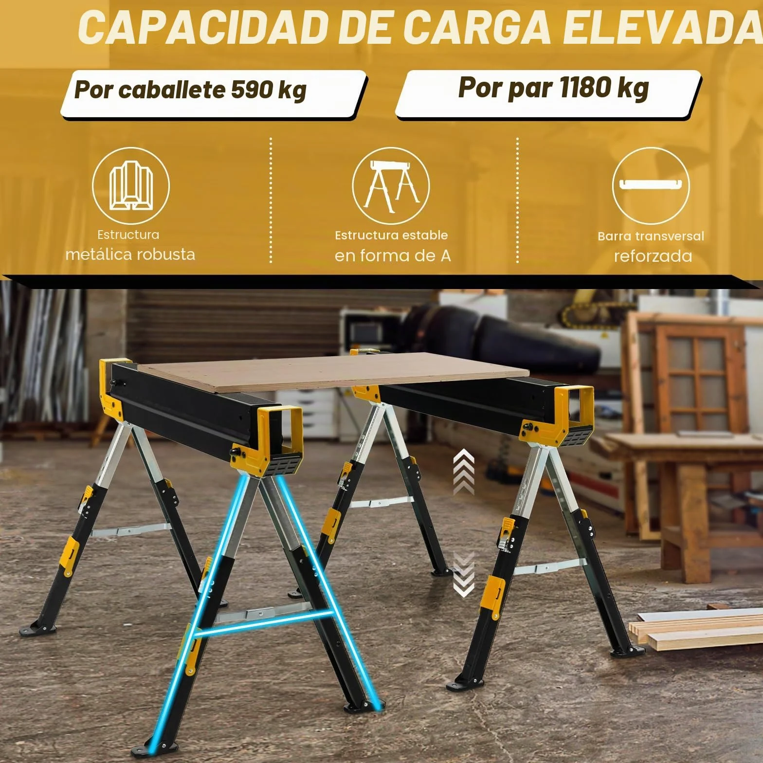 GOPLUS Juego de 2 caballetes de sierra plegables, caballetes de sierra de acero con 9 niveles de altura ajustable, asas de transporte, pie antideslizante, carga 1180 kg para garaje, casa (Amarillo+