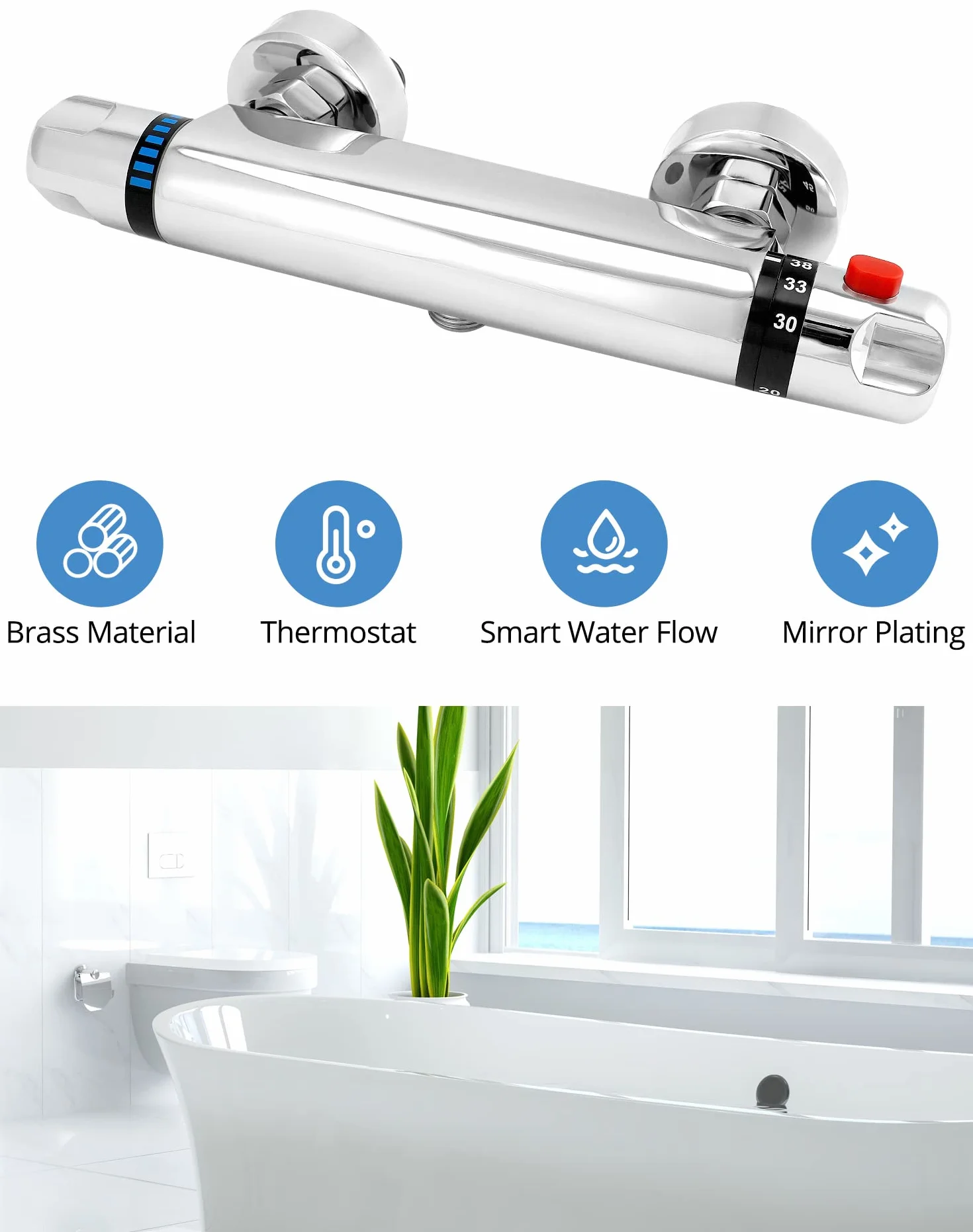 QWORK grifo ducha termostatico, salida de válvula G1/2 ", izquierda caliente derecha fría, mezclador de ducha de latón, control de temperatura constante para baño