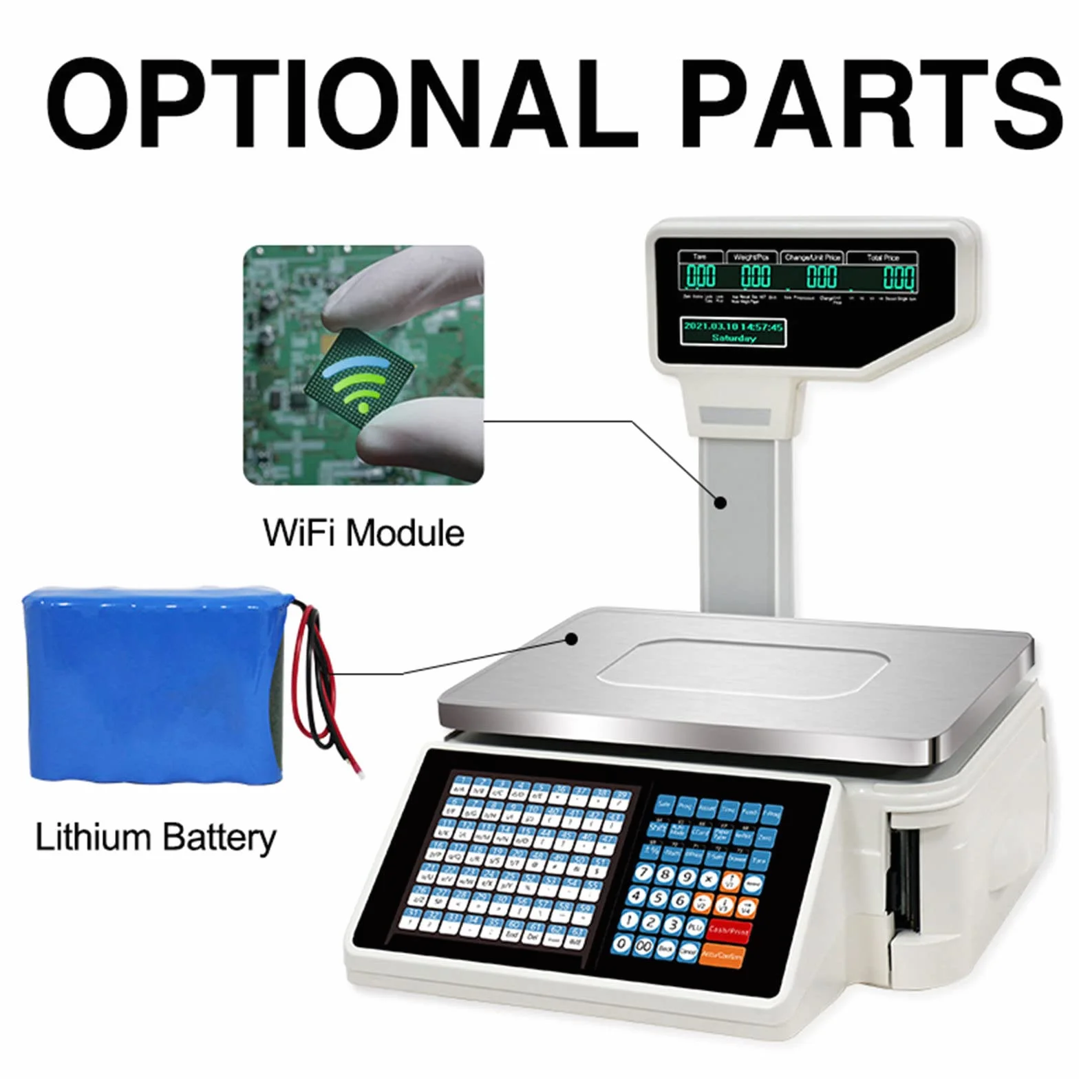 Bascula de Comercio Digital Electronica, 30KG Balanza Comercial para Pesar Fruta, Verdura Peso, Pantalla LCD Digital de Doble Cara, Impresión de Adhesivo y Recibo Térmico - Español WiFi