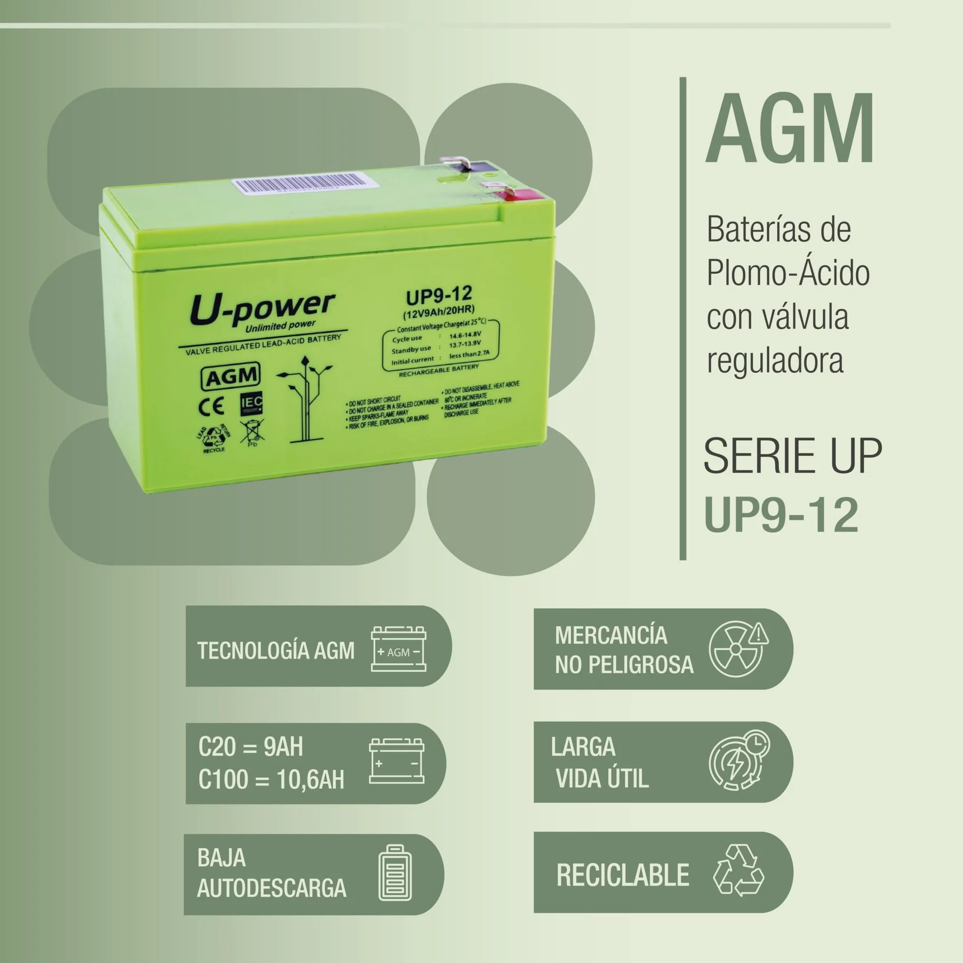U-Power Batería AGM 12V 9Ah – Sellada Recargable Plomo-Ácido VRLA – para Alarmas, SAI/UPS, Seguridad, Juguetes Eléctricos y Más – Terminal Faston F2 (6.3 mm)
