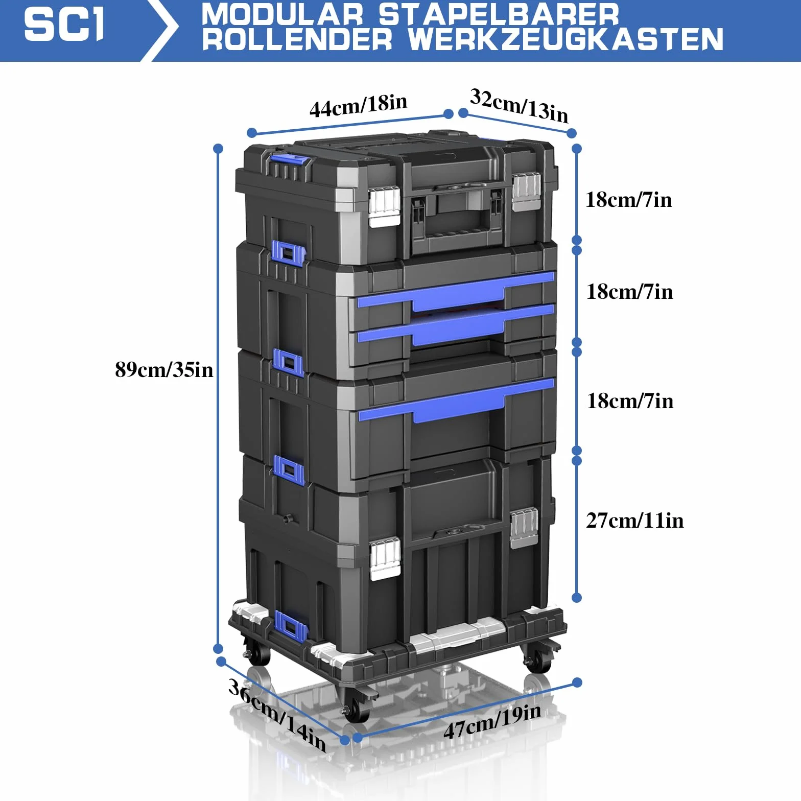 Caja de herramientas de 5 capas vacía con ruedas, modular, caja de herramientas apilable, caja de herramientas portátil vacía con cajón, resistente y duradera, para garajes, reparaciones domésticas