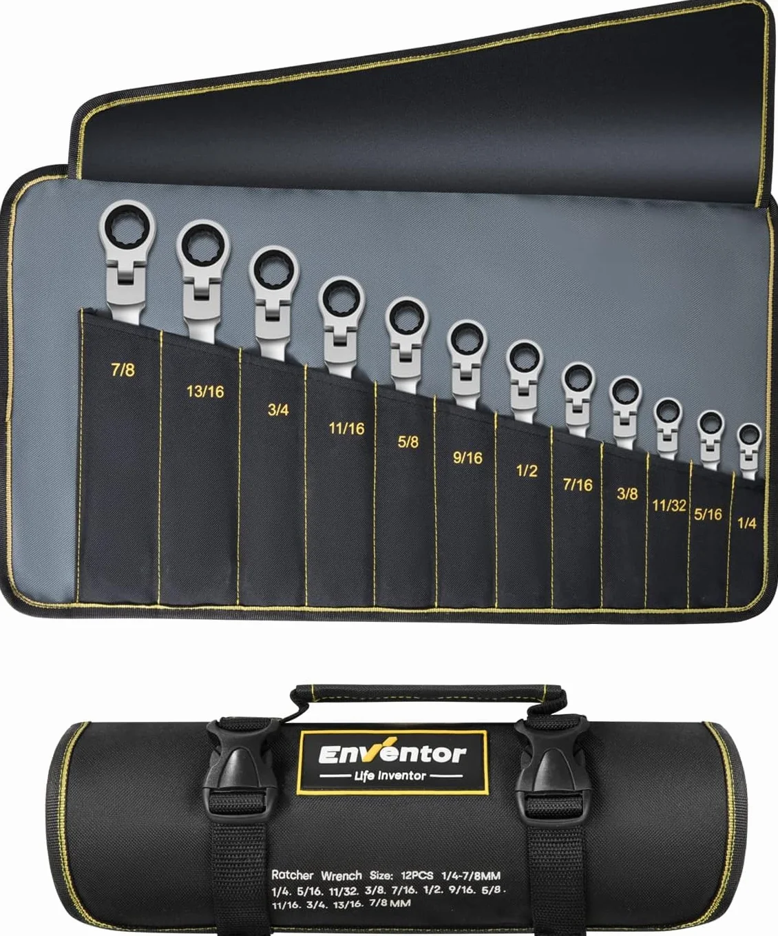 Enventor Juego de Llaves Combinadas de 12 Piezas, Juego de Llaves Combinadas con Carraca SAE 1/4"-7/8", Acero Cromo Vanadio, 72 Dientes, Cabezal Giratorio de 180°, Arco de Giro de 5°, Bolsa