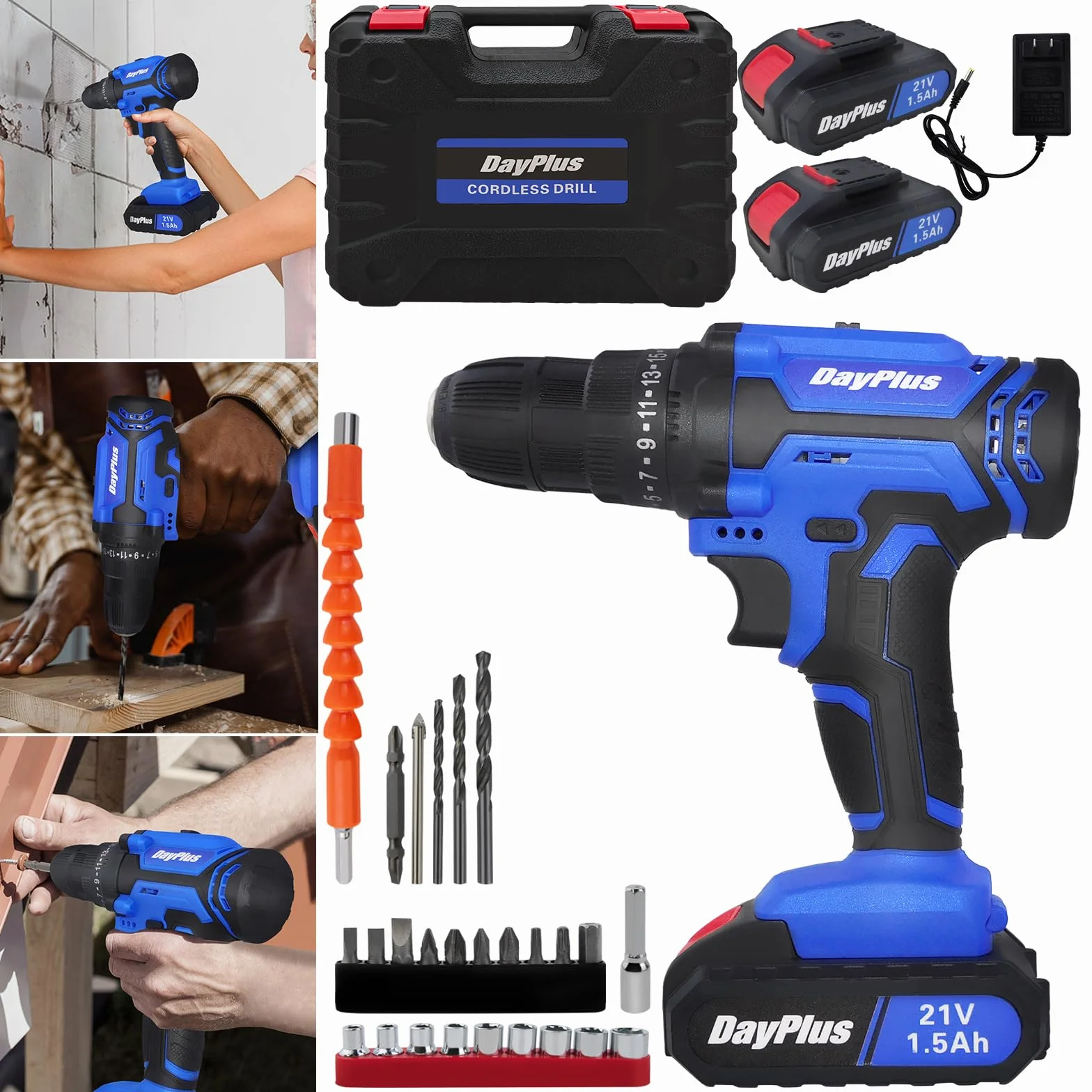 21V Taladro Atornillador Batería Kit, Taladro Atornillador Electrico con 2x1,5Ah Baterías, 26Pcs Kit Destornillador Eléctrico, 42Nm Máx Trompo de Bateria, 25+1 Ajuste de Par, 2 Velocidad, LED Luz