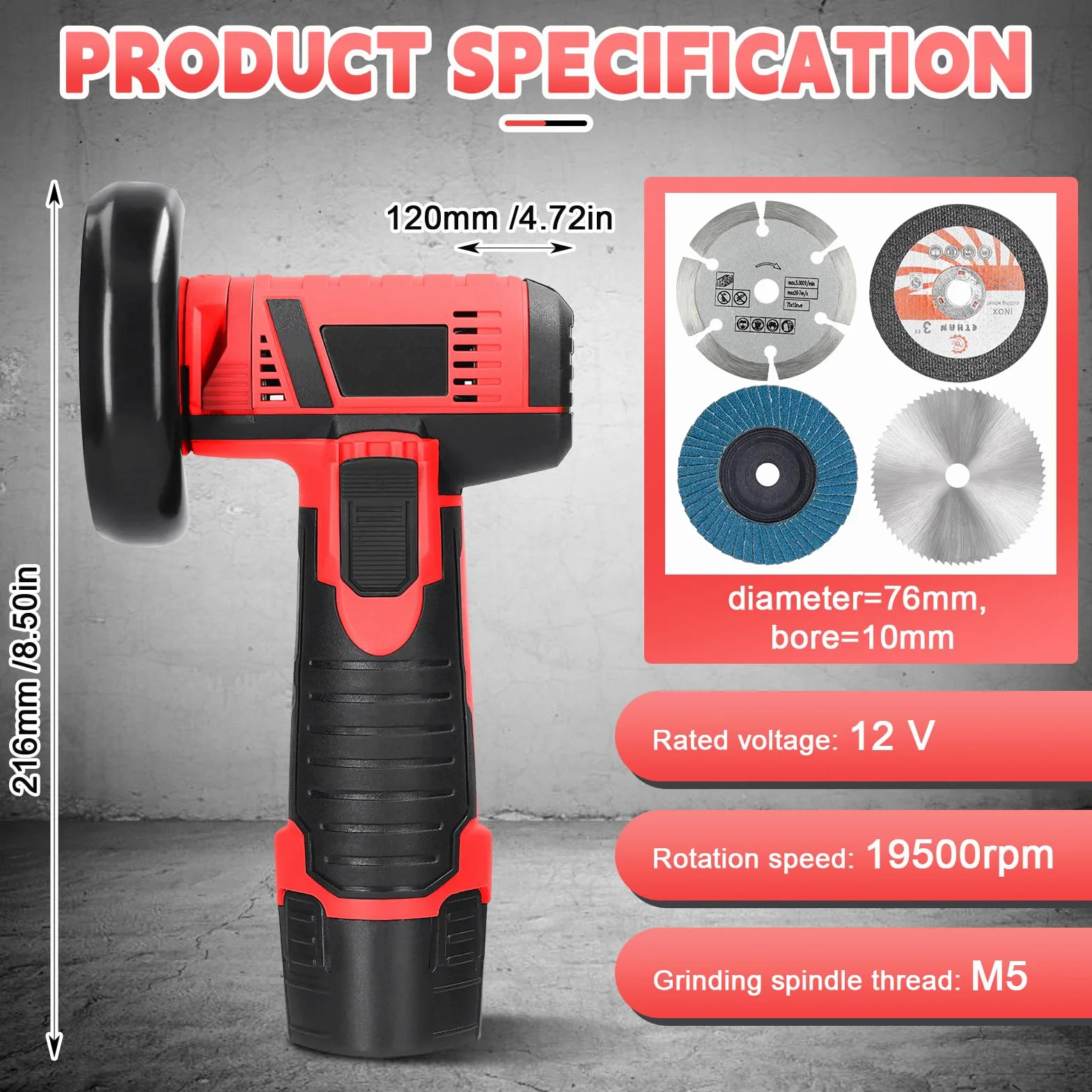 Mini Amoladora Bateria, Amoladora Angular 12V 19500 RPM con 2 Baterías de 2000mAh & 6 Bandejas de Corte, Amoladora Pequeña Eléctrica para Cortar, Pulir y Lijar