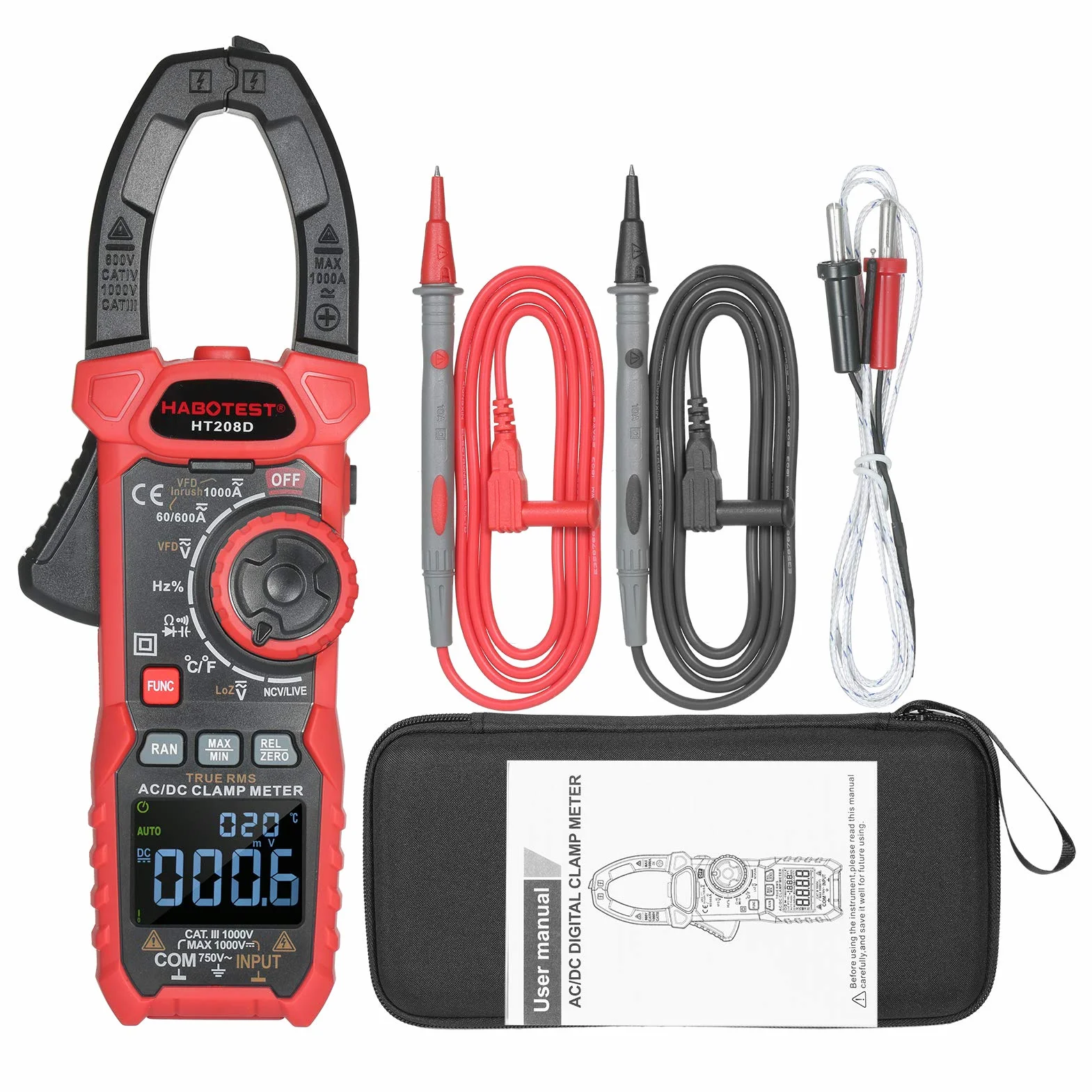 Domary Pinza Amperimétrica Digital de HABOTEST con Función de Corriente Entrada para Uso Profesional Tamaño Mandíbula 40 Mm Negro y Rojo 1 Unidad