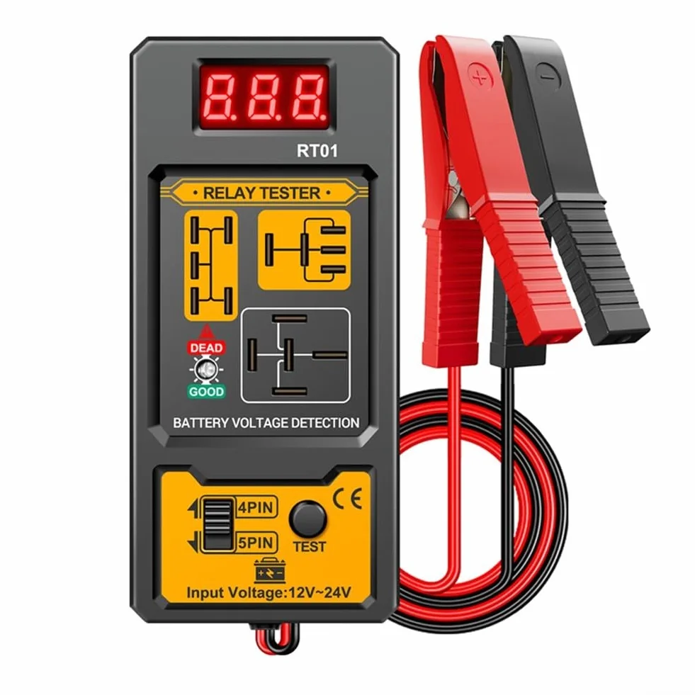 Comprobador de relé de coche de 12 V/24 V. Pantalla LCD con retroiluminación digital, prueba relés de 4/5 pines, compatible con baterías de plomo-ácido/AGM/litio adecuadas para coches, camiones