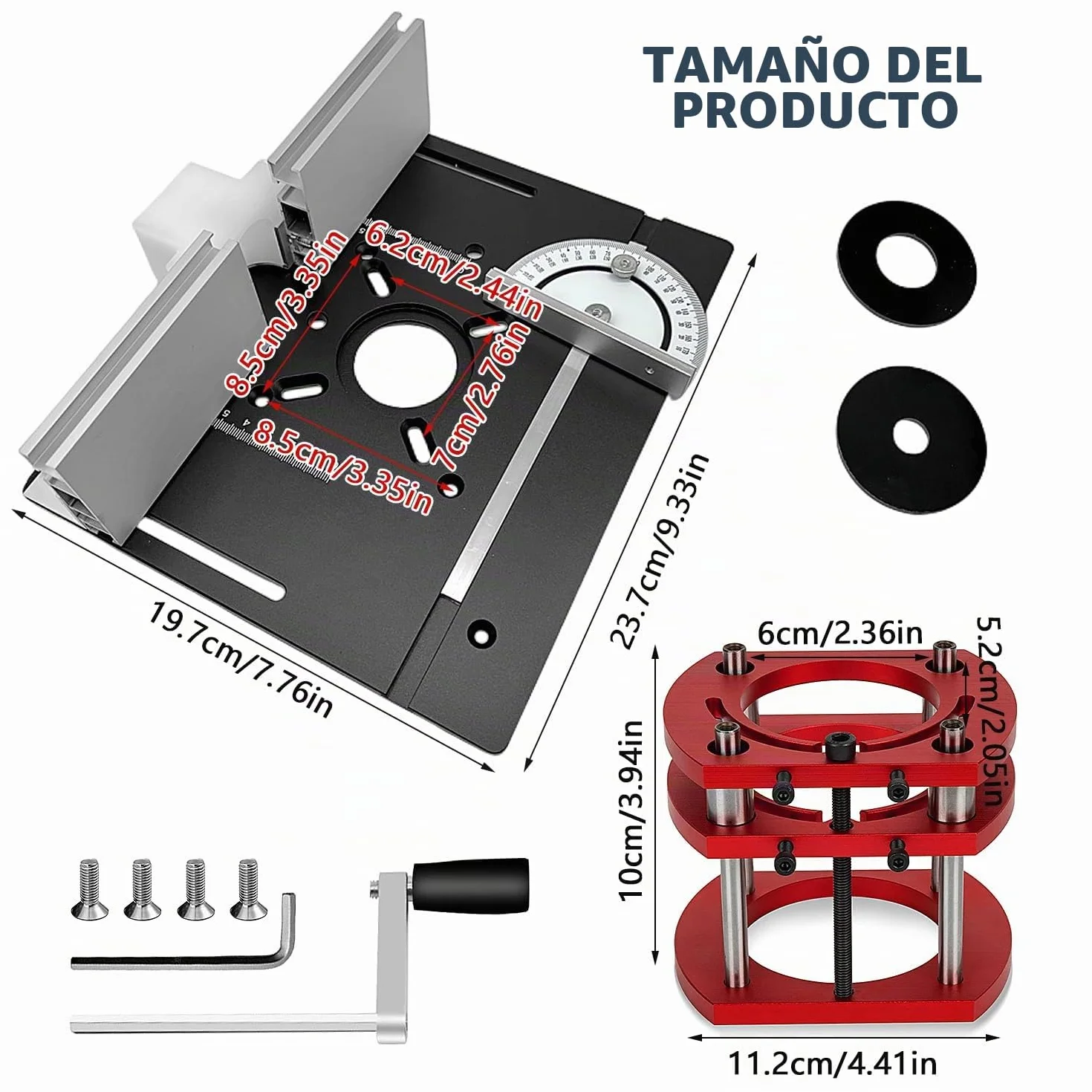 Mesa Fresadora para Madera de Aleación de Aluminio, Placa Fresadora Router Table,Negro Placa de Inserción de Mesa + Rojo Base, Adecuado para Mesas Fresadoras con un Diámetro de Motor de 64-66 mm