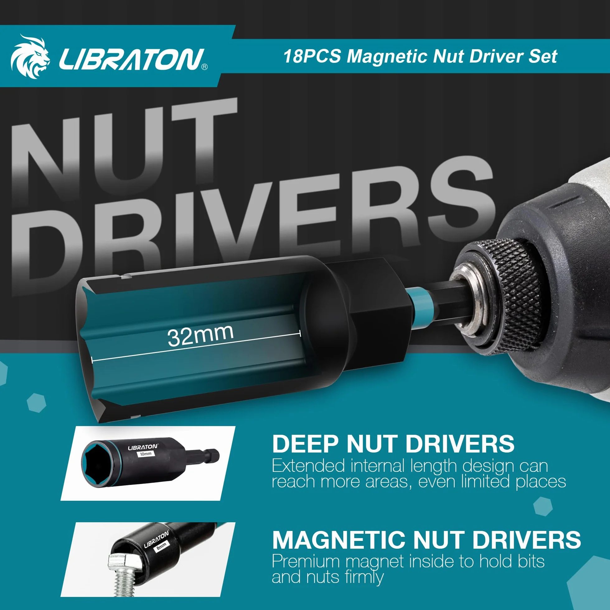 LIBRATON 18 Piezas Juego de Destornilladores Magnéticos para Tuercas para Taladro de Impacto, Métrico, Destornilladores para Tuercas de 5-14MM, Profundas de 6-17MM, Portapuntas, para Reparación