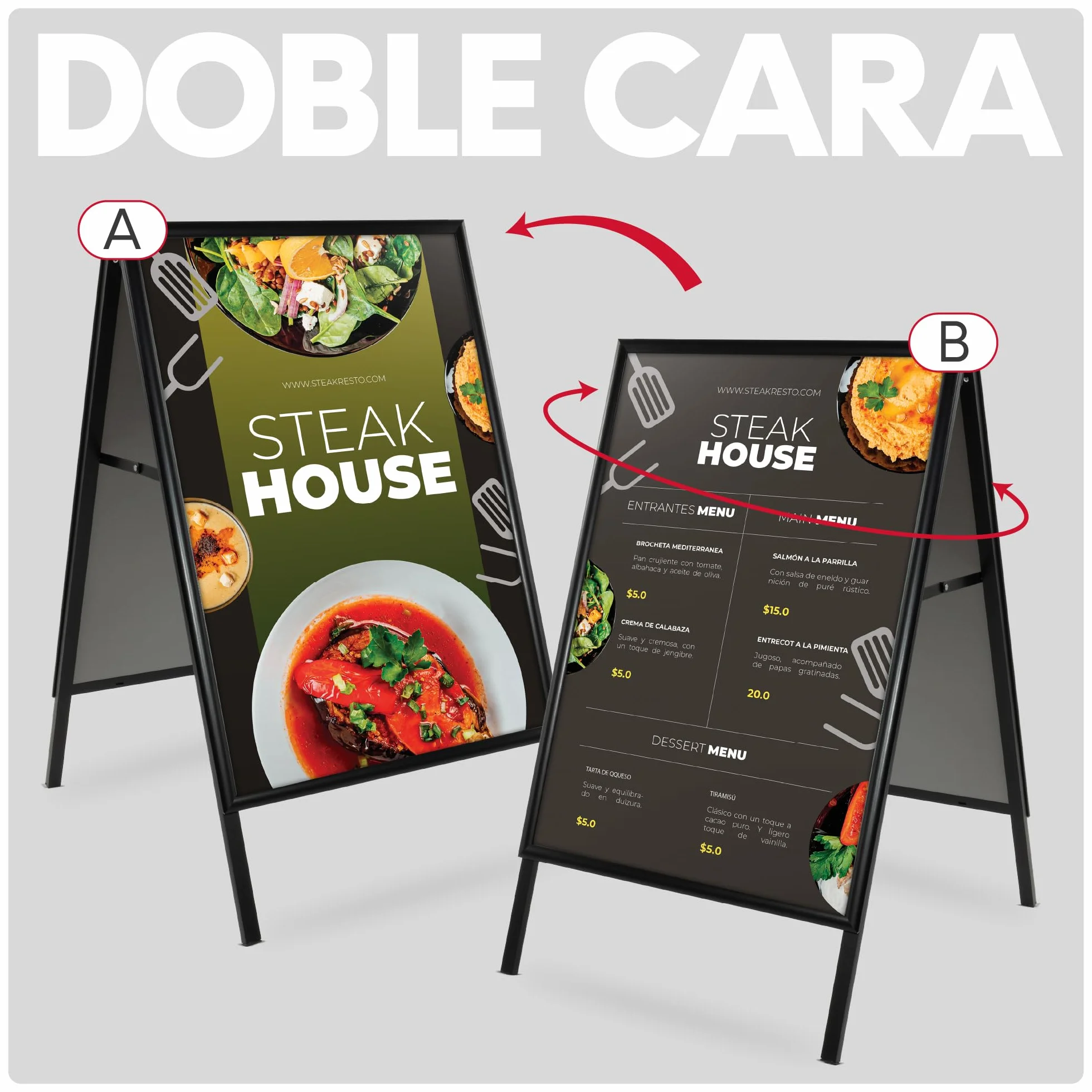 Caballete Publicitario de Aluminio Negro 500x700 mm | Expositor Doble Cara con Sistema Click y Protector Antideslumbrante | Soporte Portátil para Carteles y Anuncios