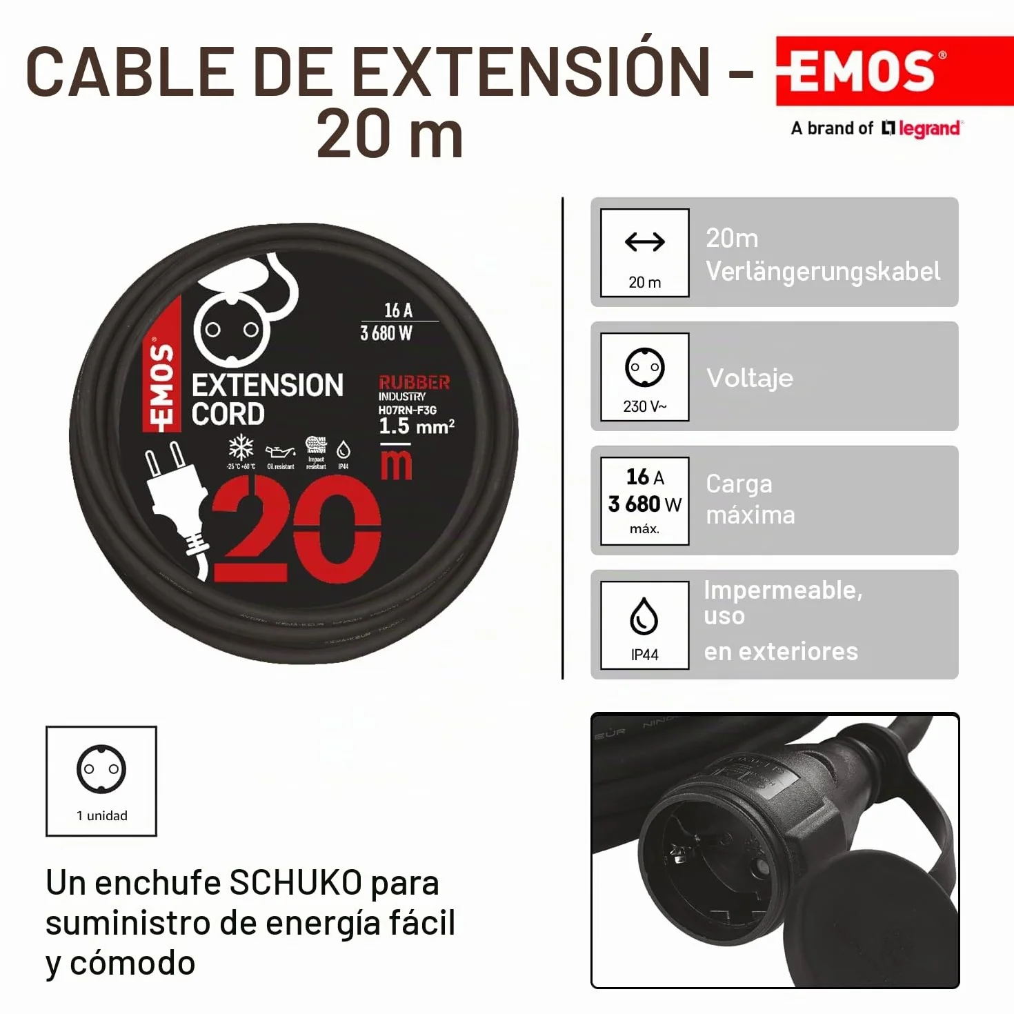Emos E-008 P1820 Cable alargador Schuko H07RN-F3G 20m IP44 1,5 mm2