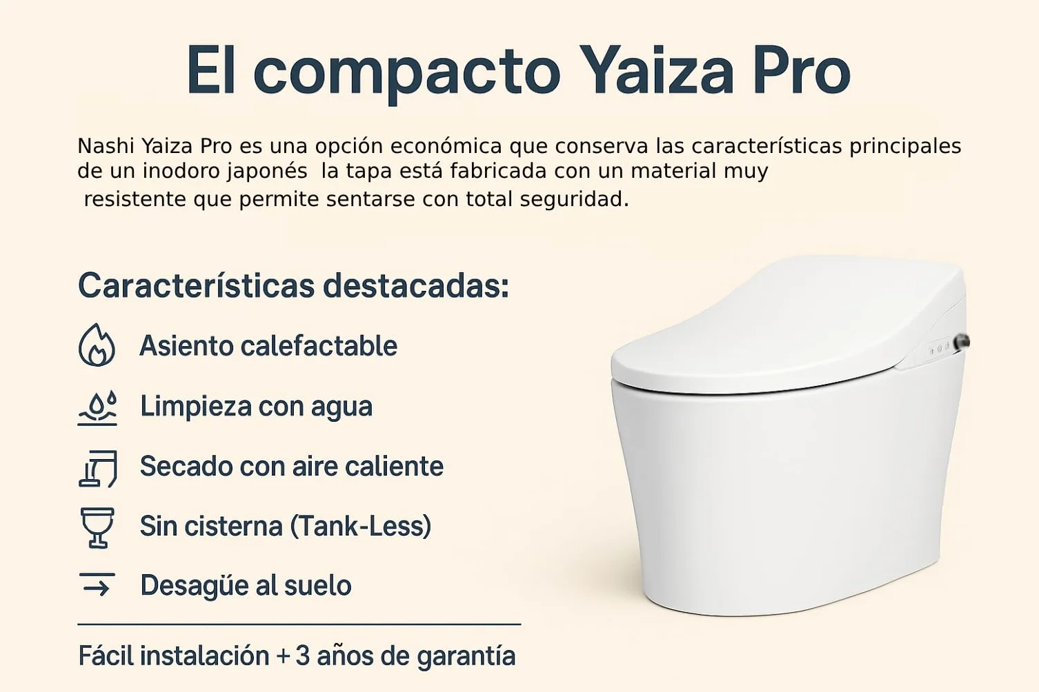 Nashi Yaiza Pro - wc Japonés | Inodoro inteligente | Diseño sin Cisterna, Sistema Fluxom | Descarga Auto | Luz de Cortesía | Asiento Calefactable, Agua Caliente y Secado | smart toilet