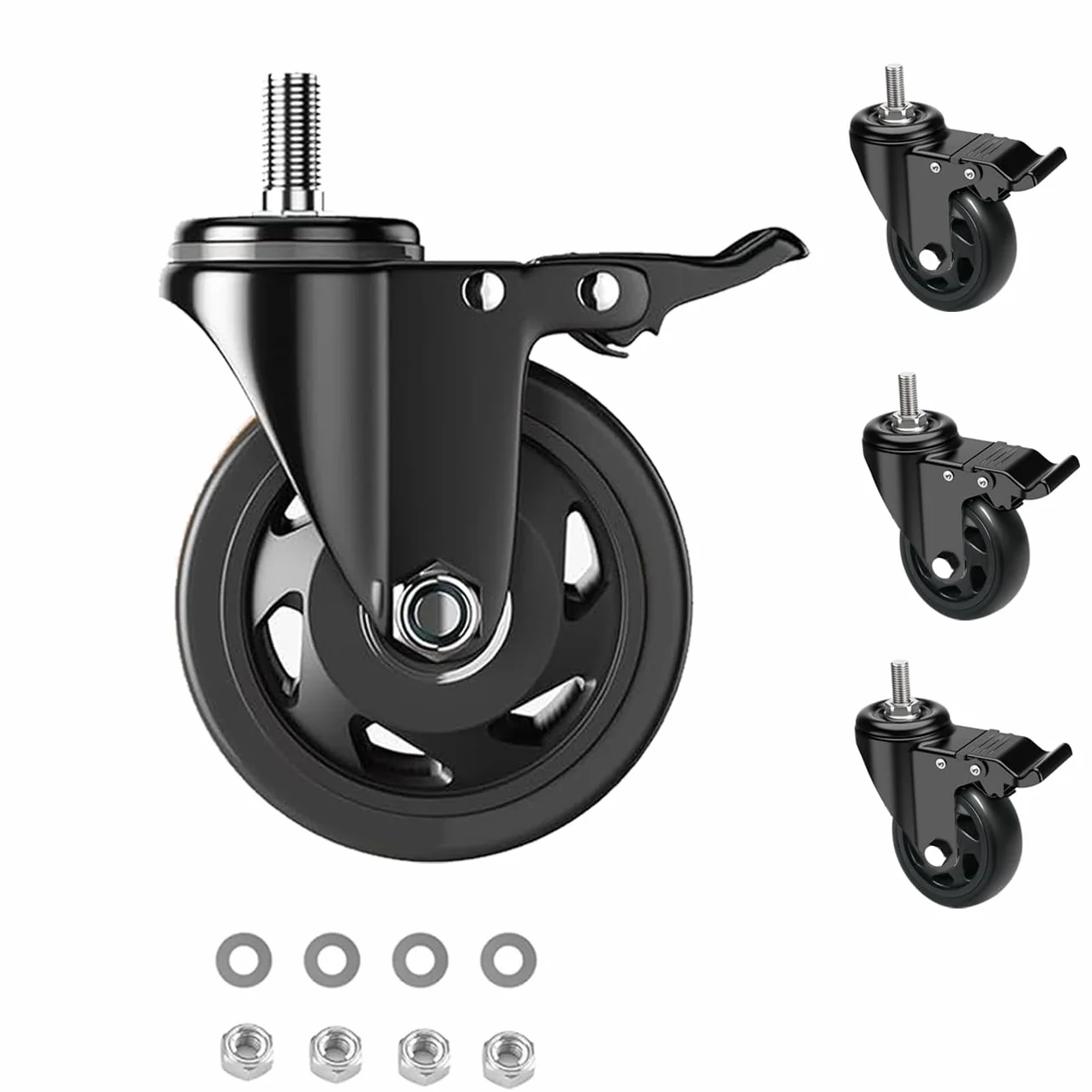 Ruedas para Muebles con Perno M10x1,5x30mm, 75MM Ruedas Giratorias con Freno, Ruedas Pivotantes 360 Grado que No Dejan Marcas, 4 Ruedas Transporte de Doble Rodamiento Capacidad 400KG