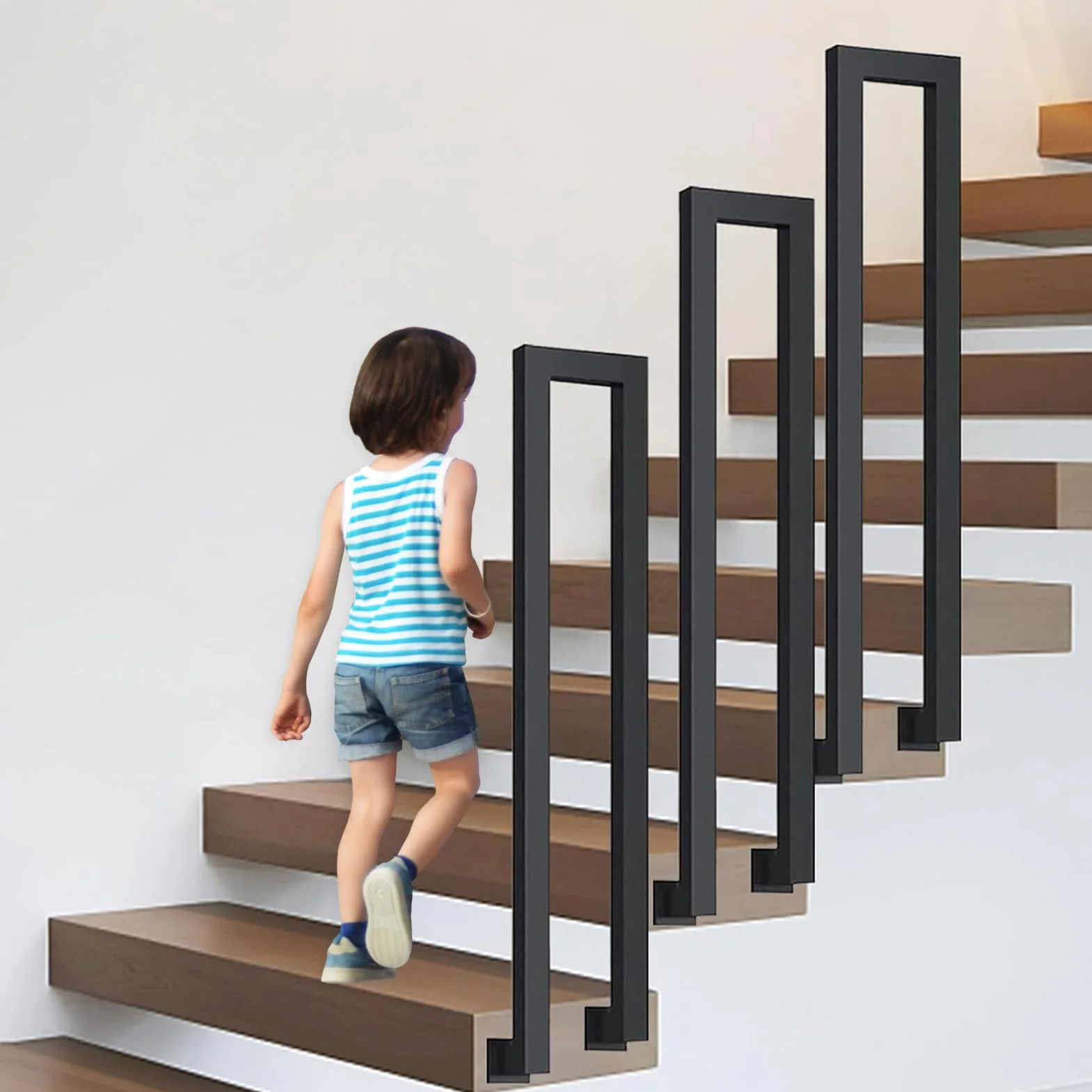 Barandilla Escalera Metal, Pasamanos Escalera Interior Exterior en Forma de U, Barandillas Escaleras U con Juego de Tornillos, para Villa ático Porche Pasillo Balcón (95cm, Negro-Lateral)
