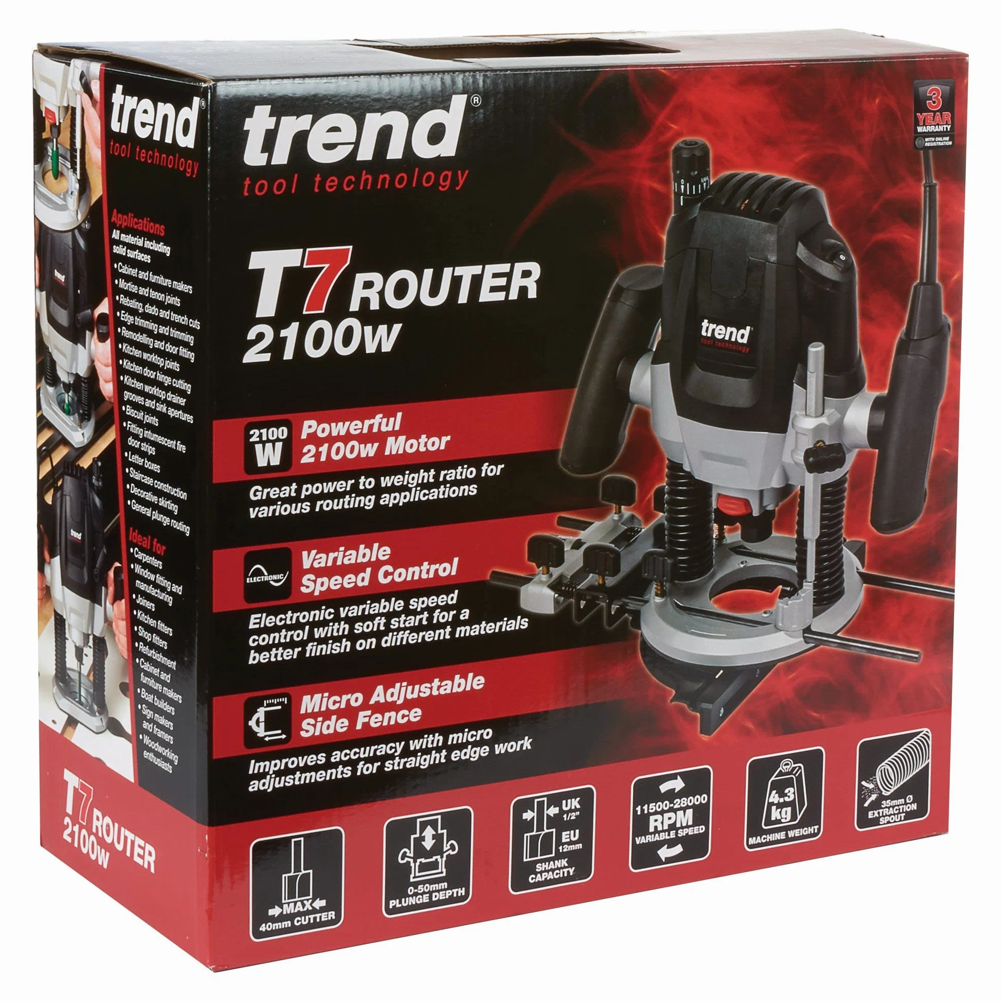 Trend Fresadora de velocidad variable 2100 W 12 mm 230 V UE, profundidad de entrada de 50 mm, fresadora para múltiples trabajos de fresado, T7EK/EURO