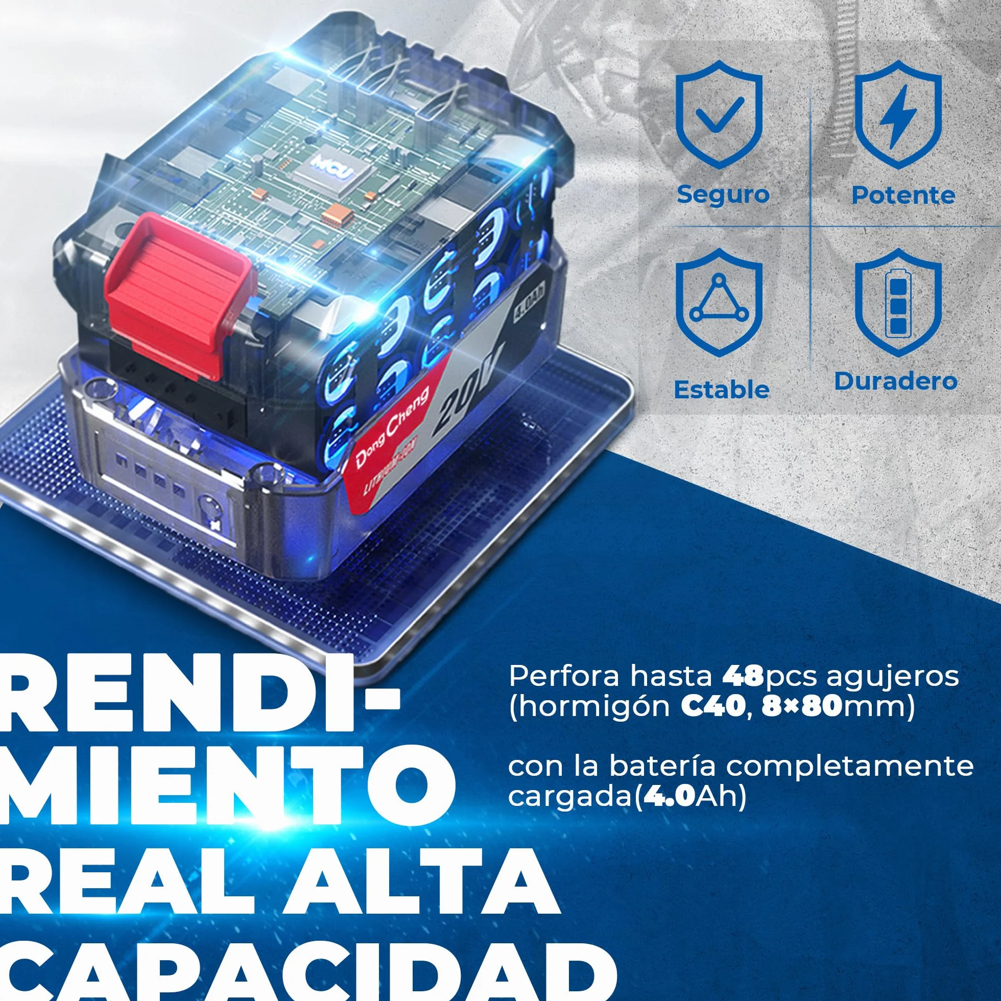 DongCheng Martillo perforador sin cable 18V, martillo percutor a batería 2,8 J, 4 piezas SDS-plus, perforación hasta 28 mm, motor sin escobillas empuñadura antivibración baterías 4Ah y cargador 2A