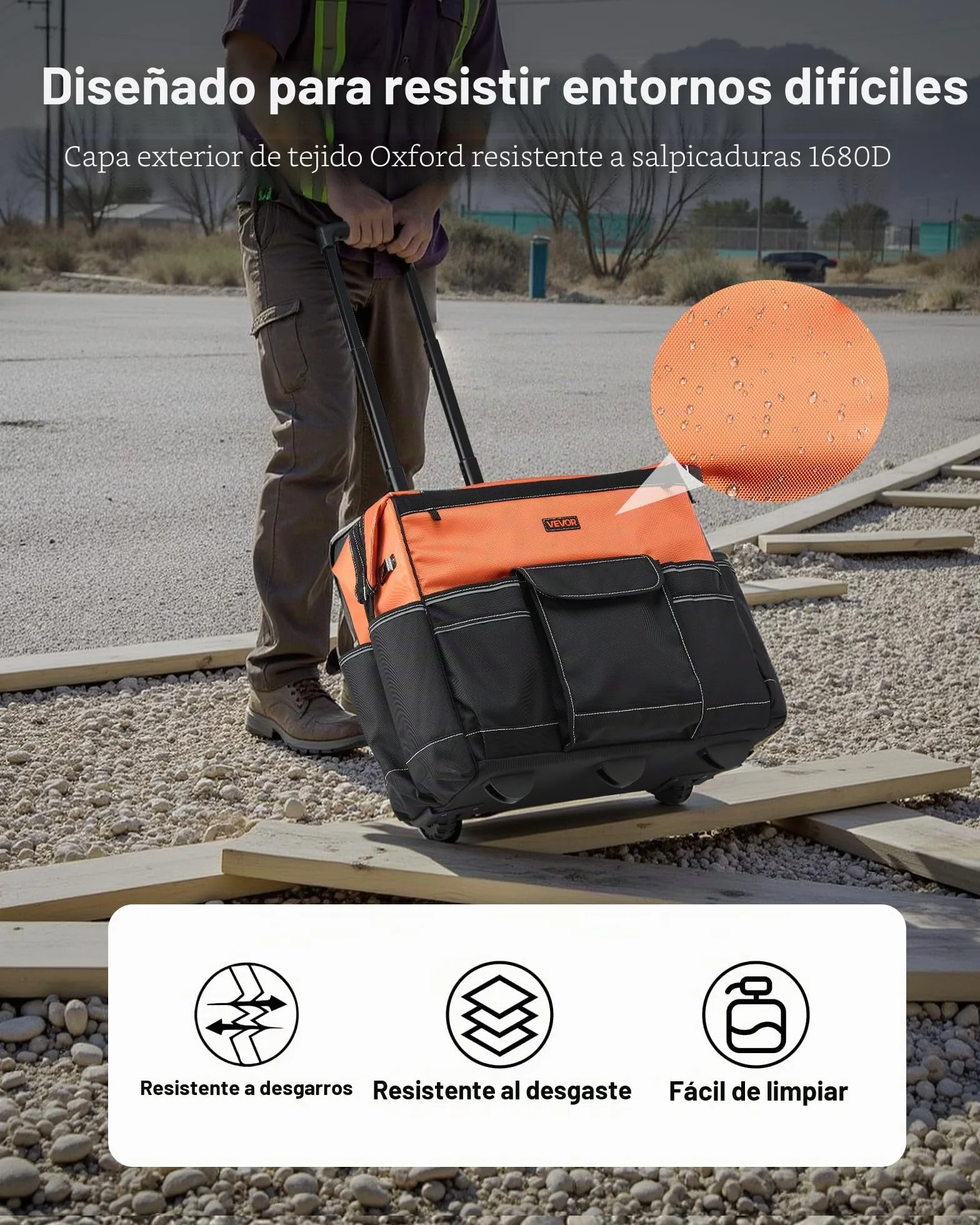 VEVOR Mochila con Ruedas de 510 x 310 x 450 mm Capacidad de Carga de 50 kg, Mochila de Herramientas Resistente con 27 Bolsillos, Asa Telescópica Ajustable y Base Estable para Construcción y Mecánico