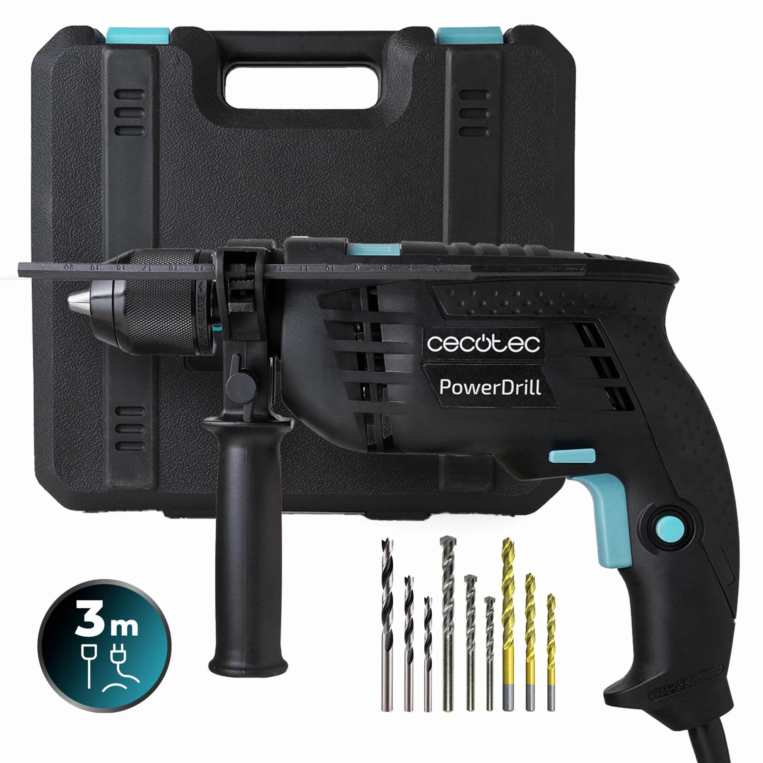 Cecotec Taladro Eléctrico Percutor PowerDrill 850 EasyAdjust. 850W, 46000 impactos por minuto, 4800 rpm, Cable extralargo 3m, Mandril portabrocas sin llave 13mm diámetro, Totalmente equipado