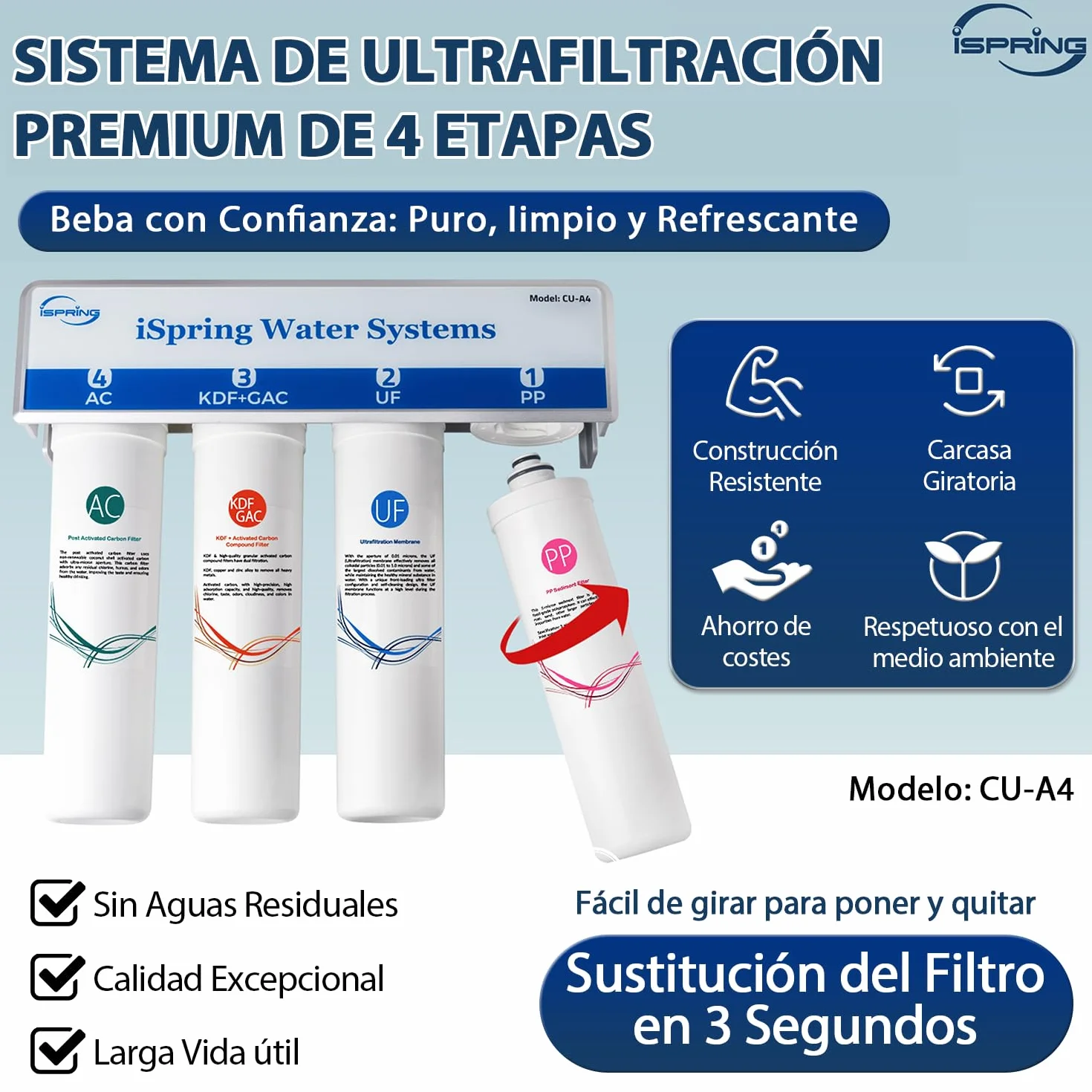 iSpring CU-A4 0.01μm Ultrafiltración Bajo el Fregadero, Sistema de Filtro de Agua, Sin Tanque, 4 Etapas, Alta Capacidad, Elimina el 99,99% de Contaminantes, Cambio Rápido, Filtro con Grifo de Cromo