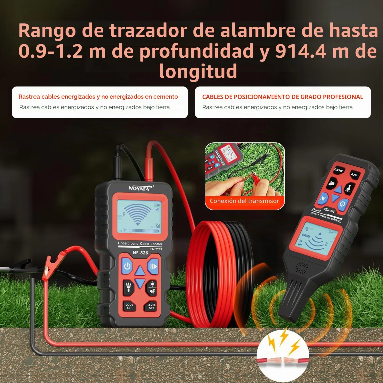 NOYAFA NF-826 Detector de Cables Subterráneos - Localizador de Cables y Líneas Eléctricas en Pared y Tierra, Buscador de Cables Ocultos para Electricidad y Cableado