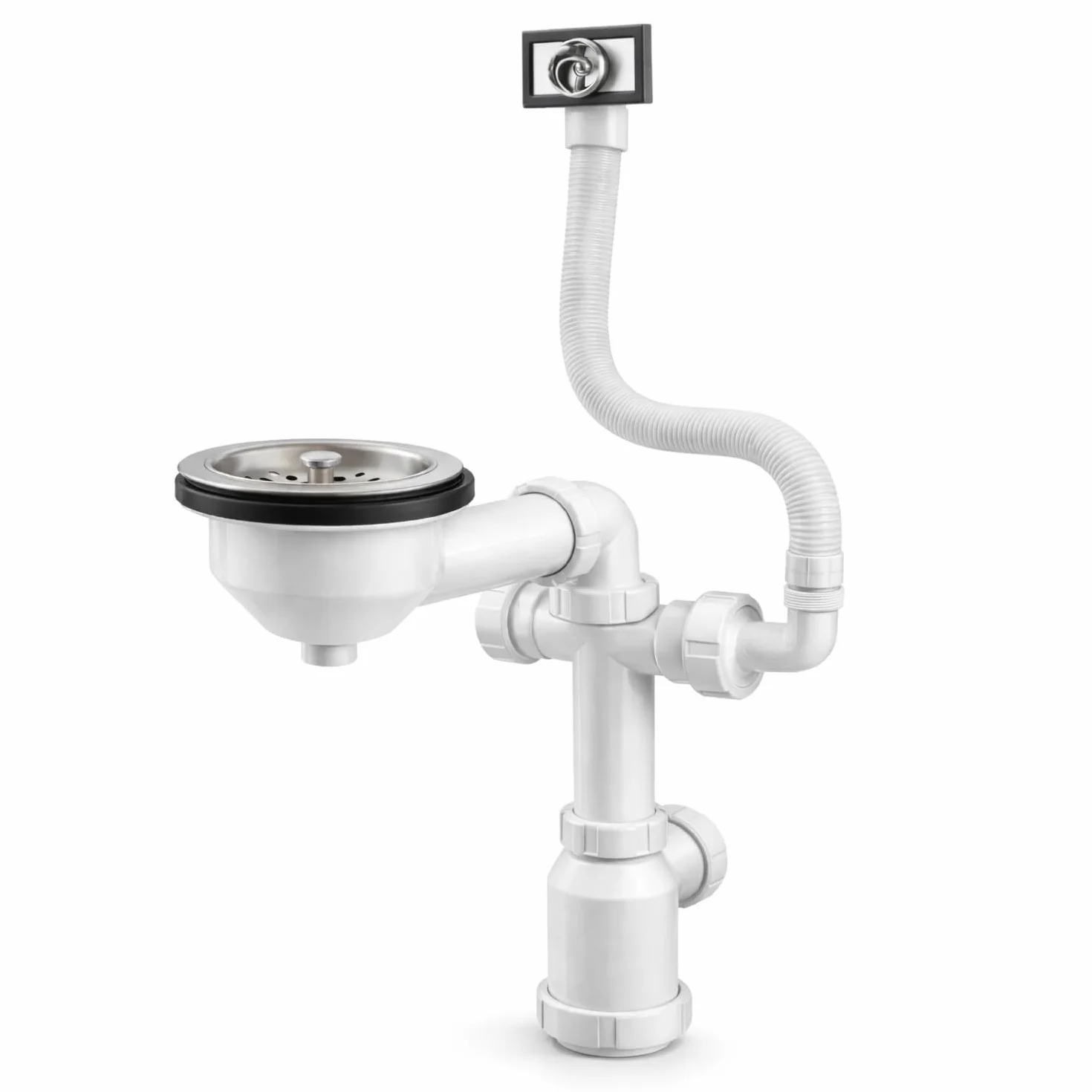 Sifón Fregadero Ø115 mm con Válvula Cesta Metálica para Cocina Desagüe Compacto 172 x 40 mm FLUVIA