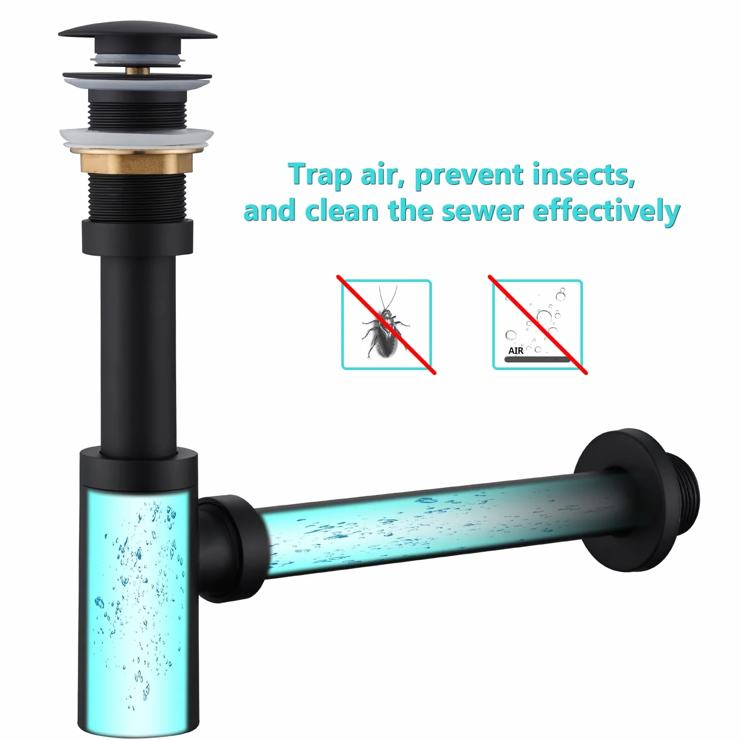 Sifón Lavabo Negro Universal con Desagüe sin Rebosadero, Altura Ajustable, Válvula Click Clack