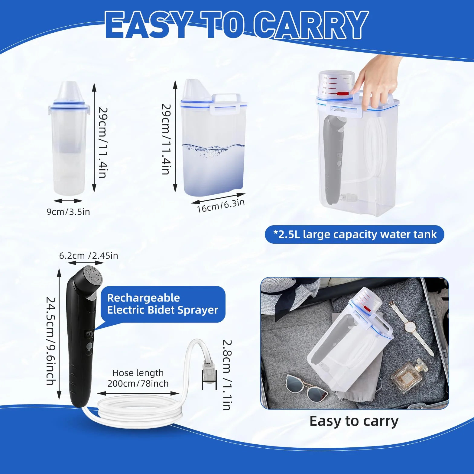 Bidé Portátil, 2.5L Bidé Eléctrico, Pulverizador Eléctrico de Mano para Bidé, Bidet de Mano Pulverizador Kit, Recargable, Ducha Aerosol limpio, Ideal para Viajes, Unisexo-Negro