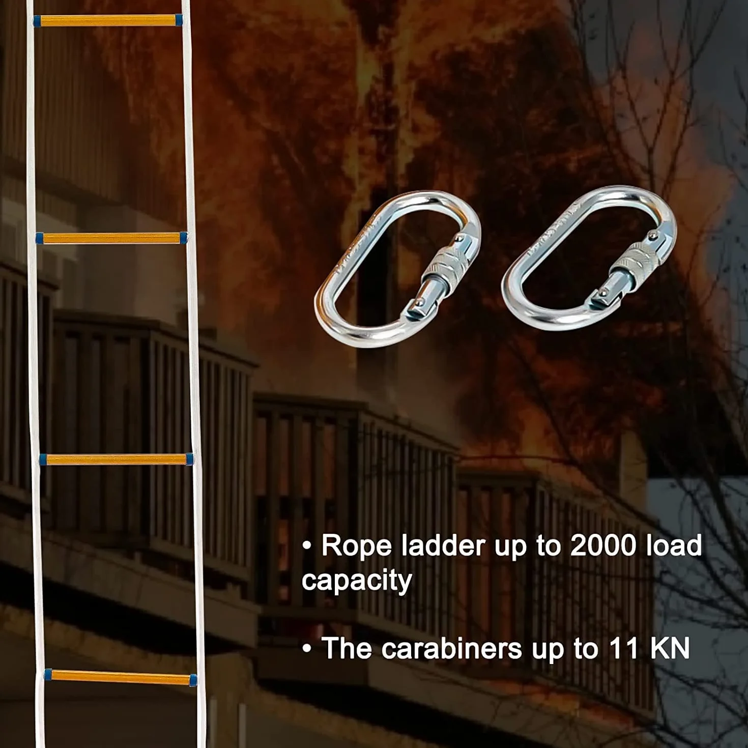 Escalera de Cuerda de Escape de Incendio 5.2m, Escalera de Escape de Emergencia con Mosquetón para 2 Pisos Casa, Casa del Árboles, Balcón y Barandilla, Capacidad de Peso de hasta 900kg Poweka