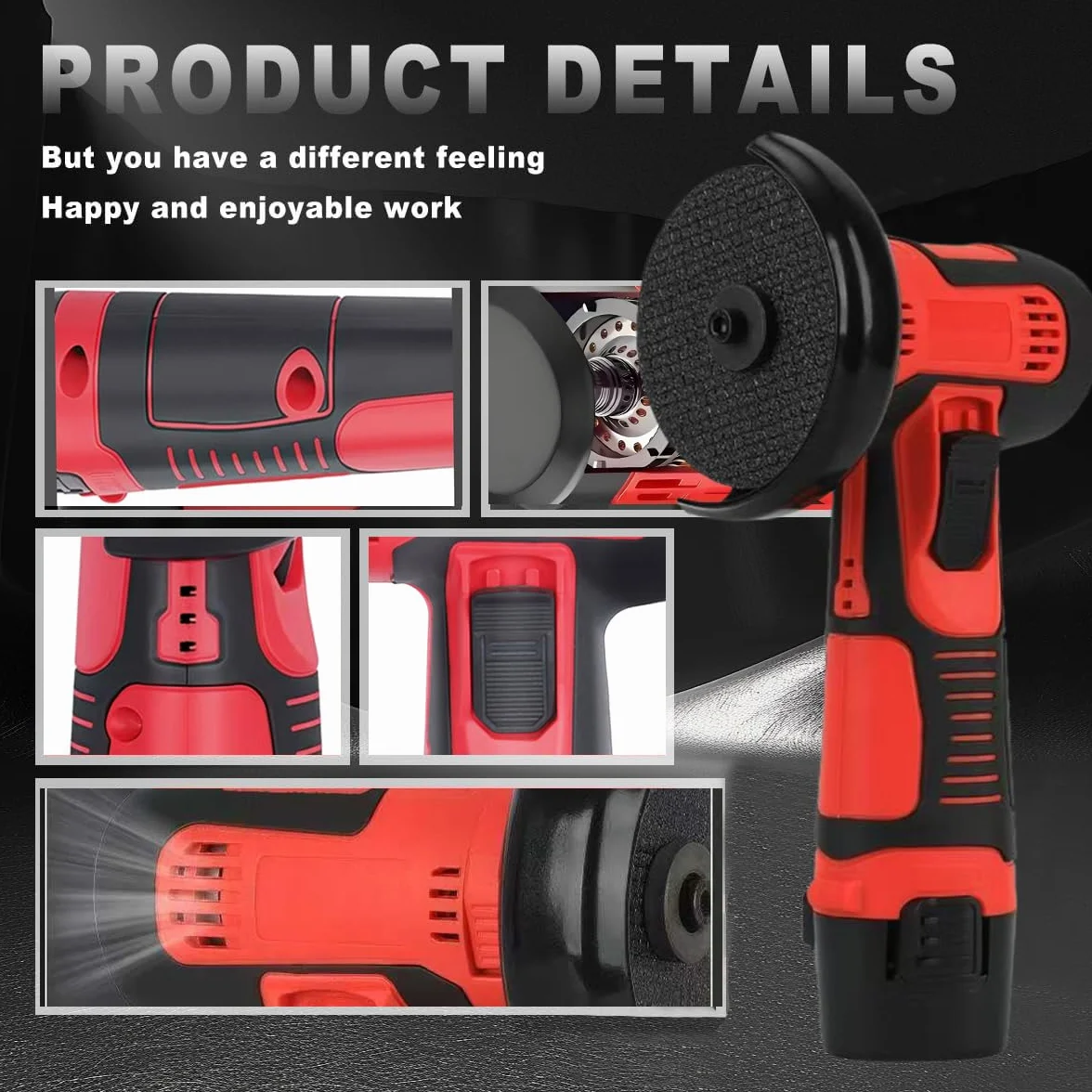 Mini Amoladora Angular, Multifunción Amoladora Pequeña a Doble Batería con Motor de Alta Potencia, 7 Accesorios y Maletín de Transporte para Cortar y Pulir Baldosas, Madera, Acero, Piedra