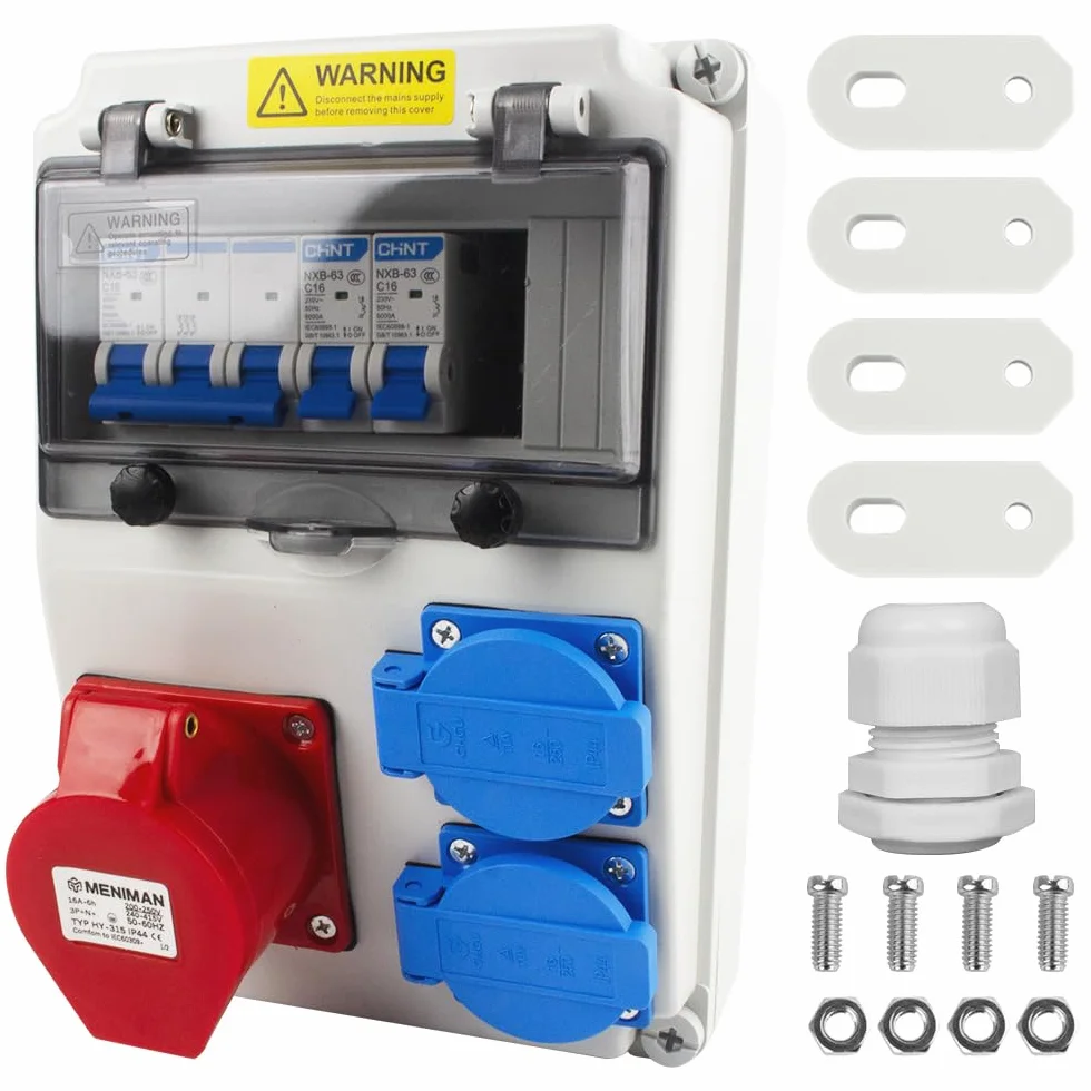 Distribuidor de Corriente 16A, Distribuidor de Corriente para Obras 16A con Interruptor Fi E Ls, Tomas 2x230V y 1xCEE 16A con Cable, Distribuidor de Corriente Impermeable IP44